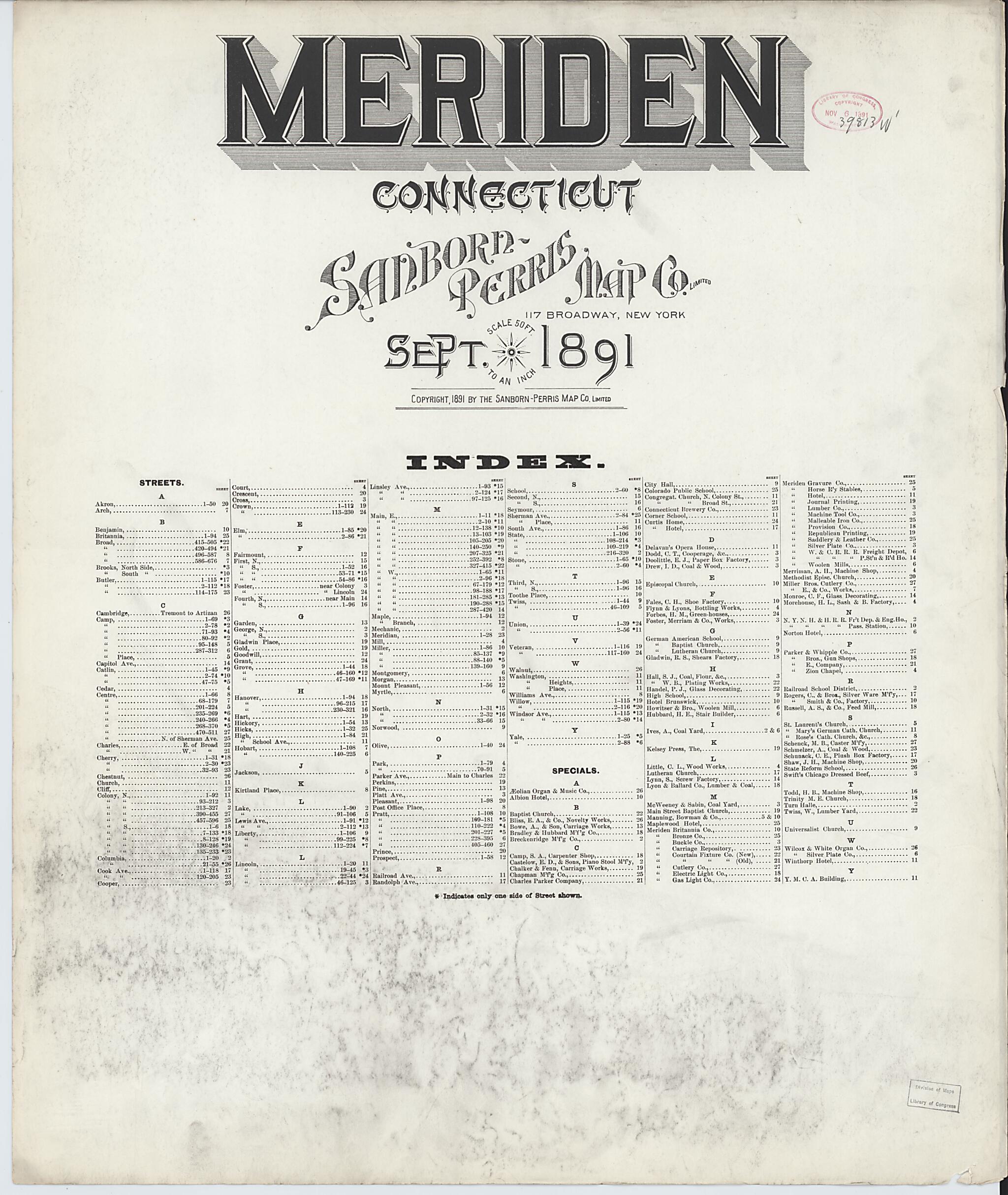 This old map of Meriden, New Haven County, Connecticut was created by Sanborn Map Company in 1891