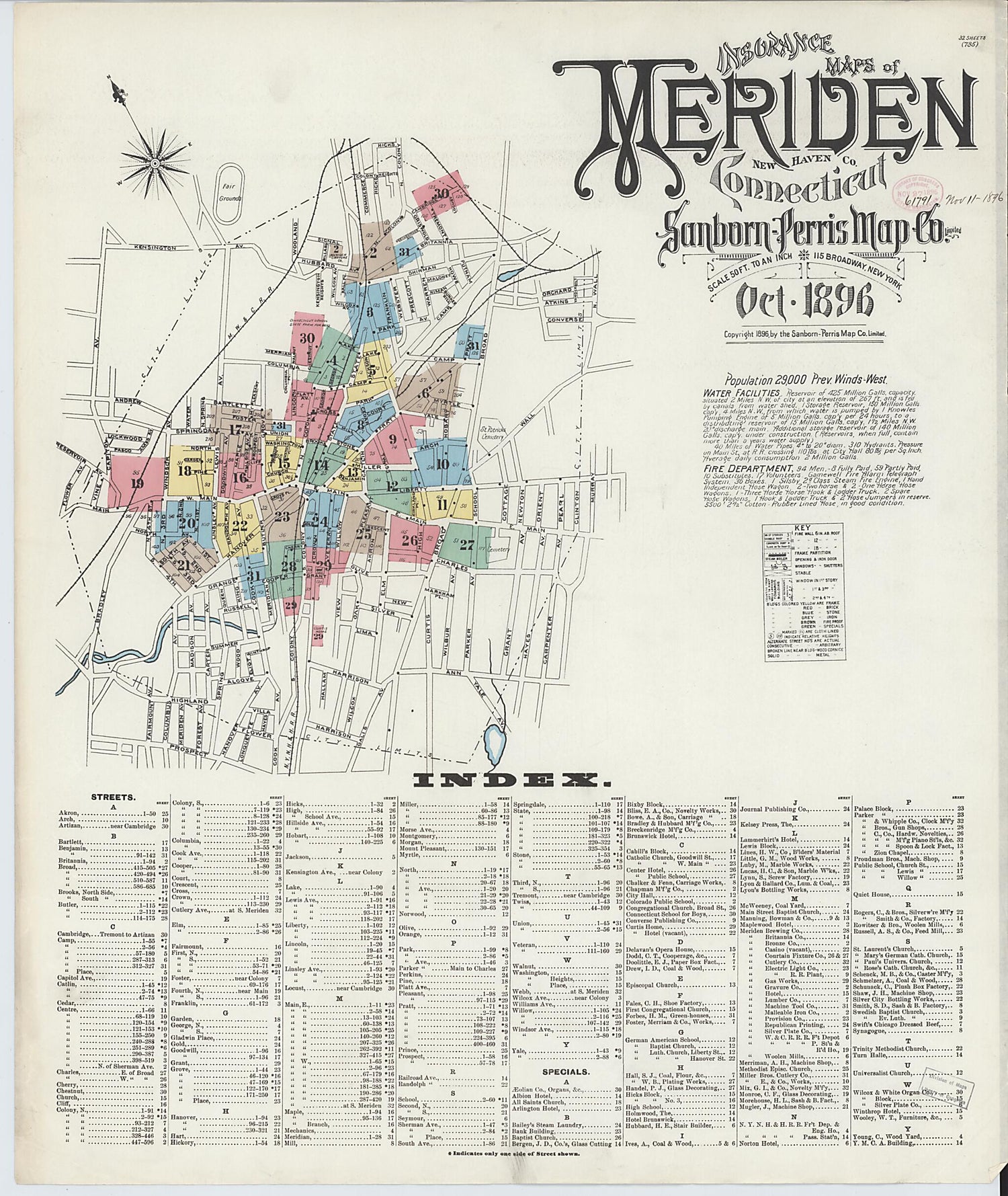 This old map of Meriden, New Haven County, Connecticut was created by Sanborn Map Company in 1896