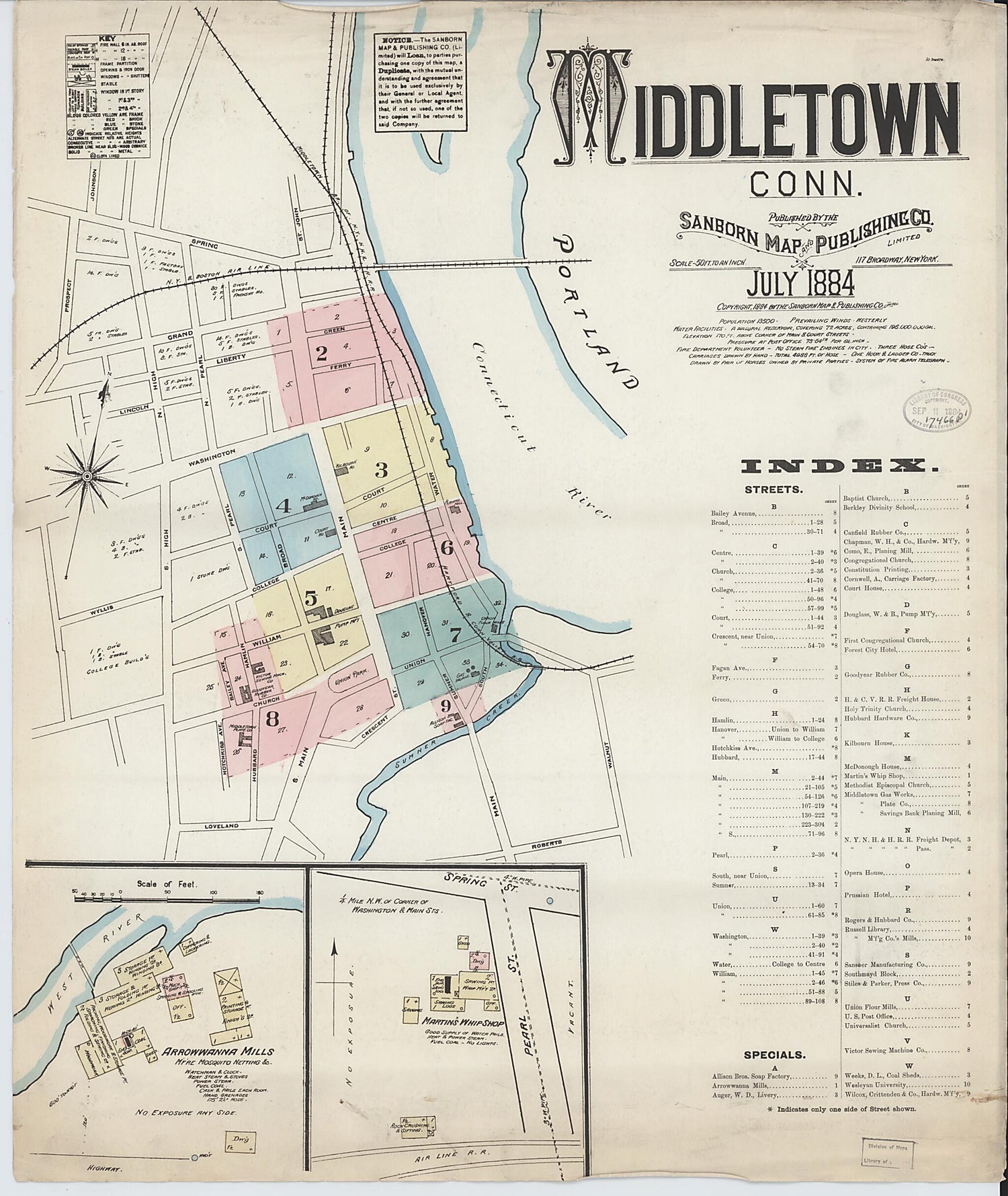 This old map of Middletown, Middlesex County, Connecticut was created by Sanborn Map Company in 1884