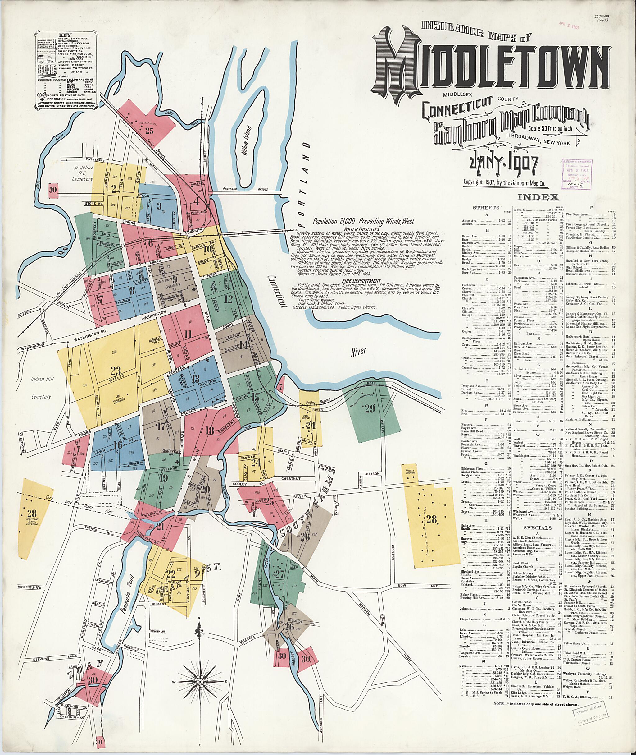 This old map of Middletown, Middlesex County, Connecticut was created by Sanborn Map Company in 1907
