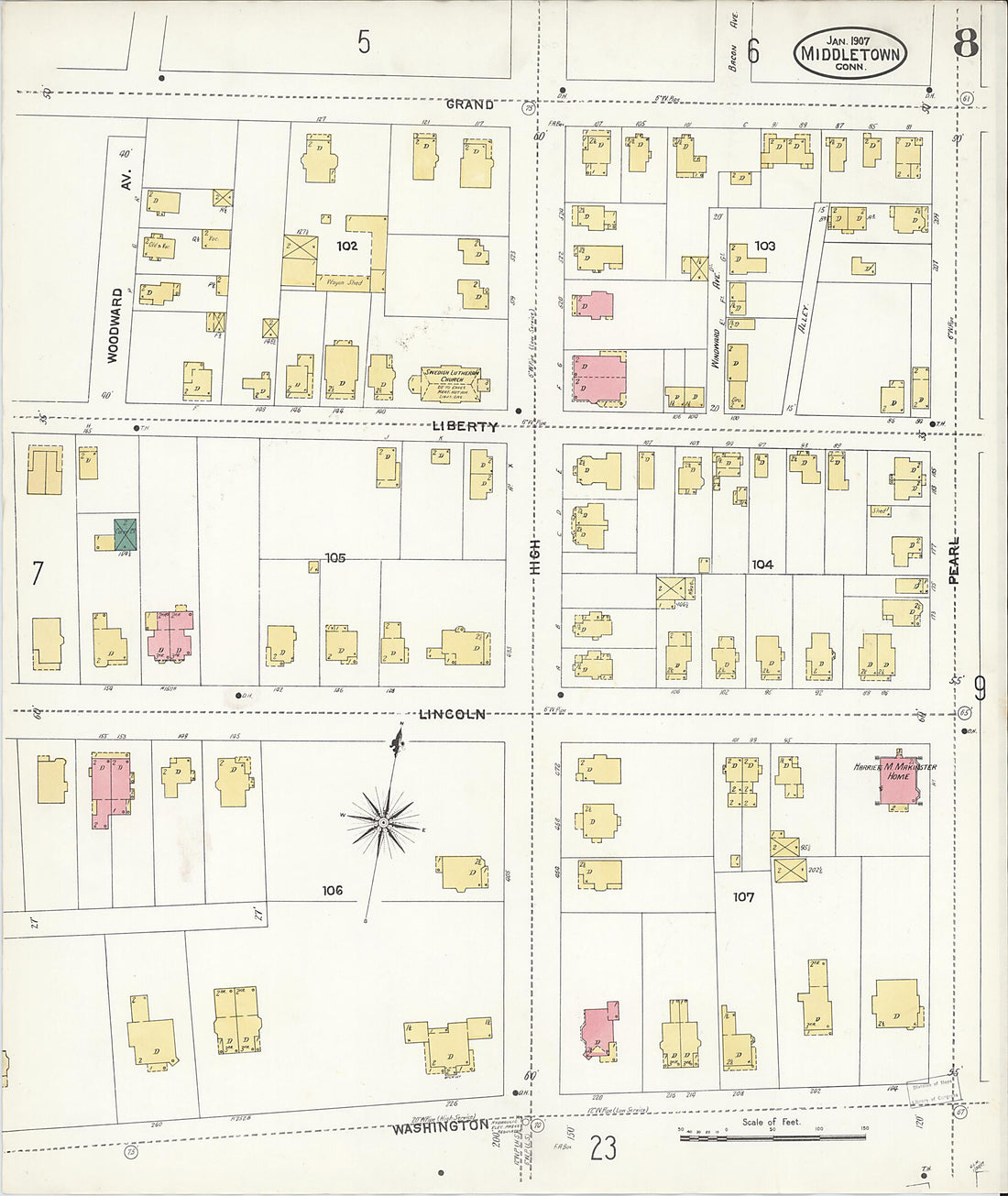 This old map of Middletown, Middlesex County, Connecticut was created by Sanborn Map Company in 1907