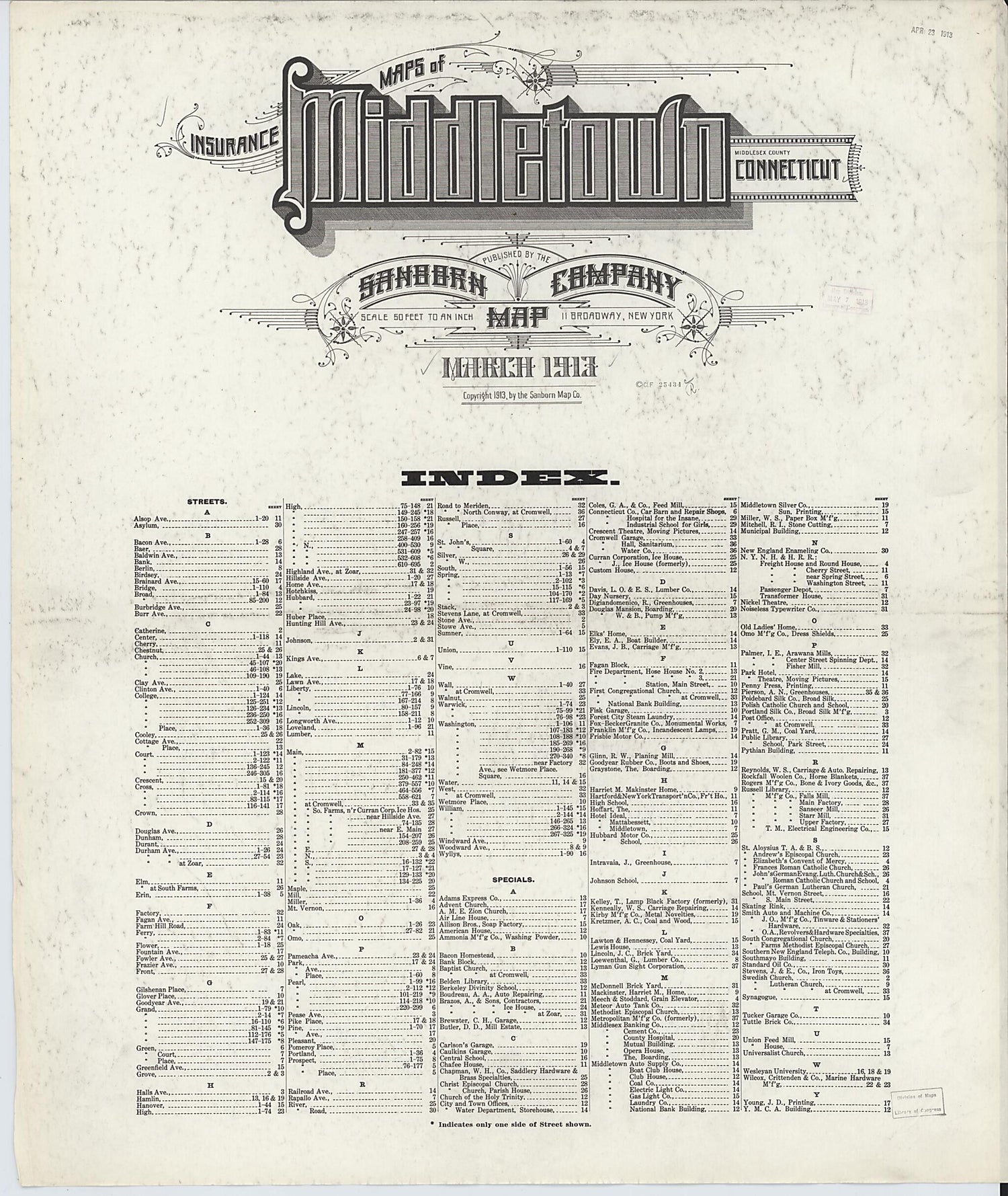 This old map of Middletown, Middlesex County, Connecticut was created by Sanborn Map Company in 1913