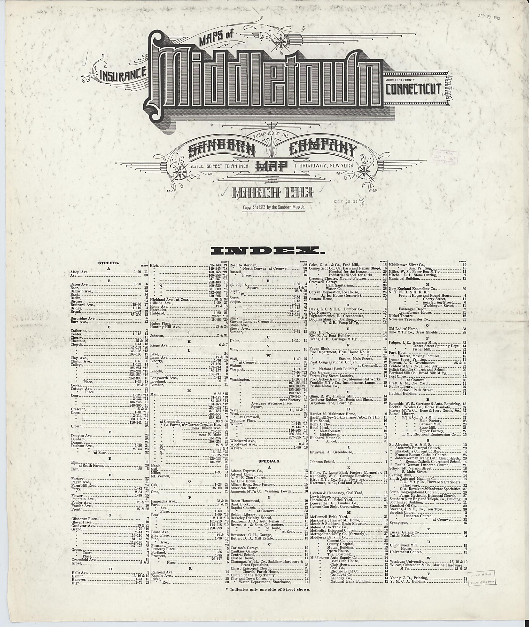 This old map of Middletown, Middlesex County, Connecticut was created by Sanborn Map Company in 1913