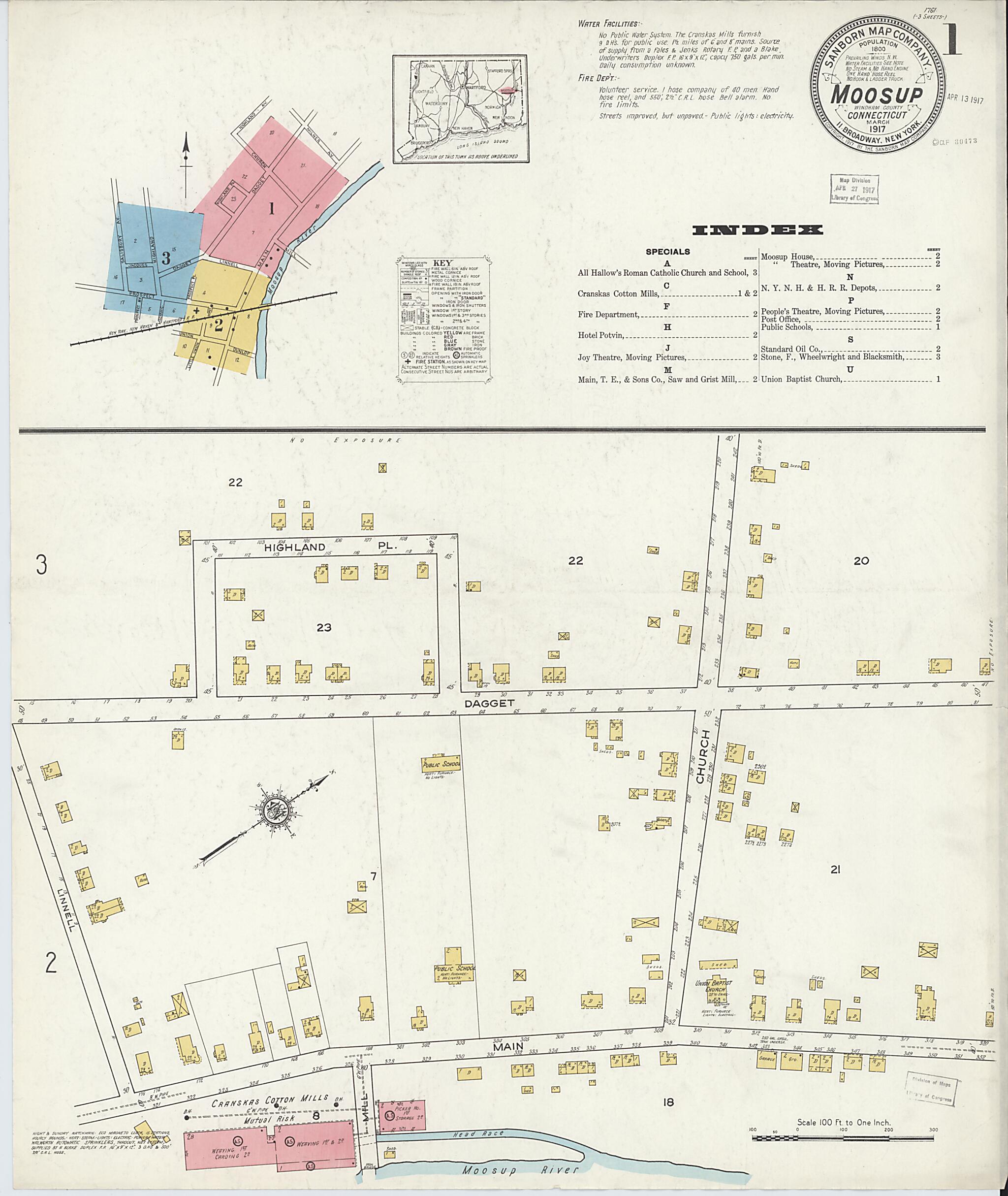 This old map of Moosup, Windham County, Connecticut was created by Sanborn Map Company in 1917
