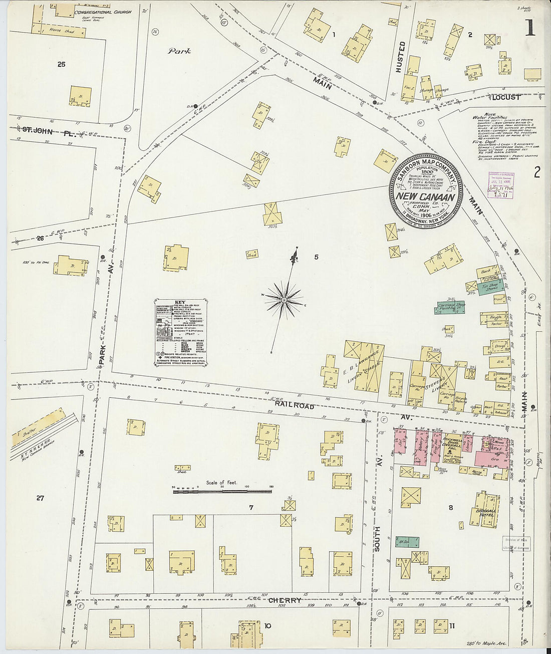 This old map of New Canaan, Fairfield County, Connecticut was created by Sanborn Map Company in 1906
