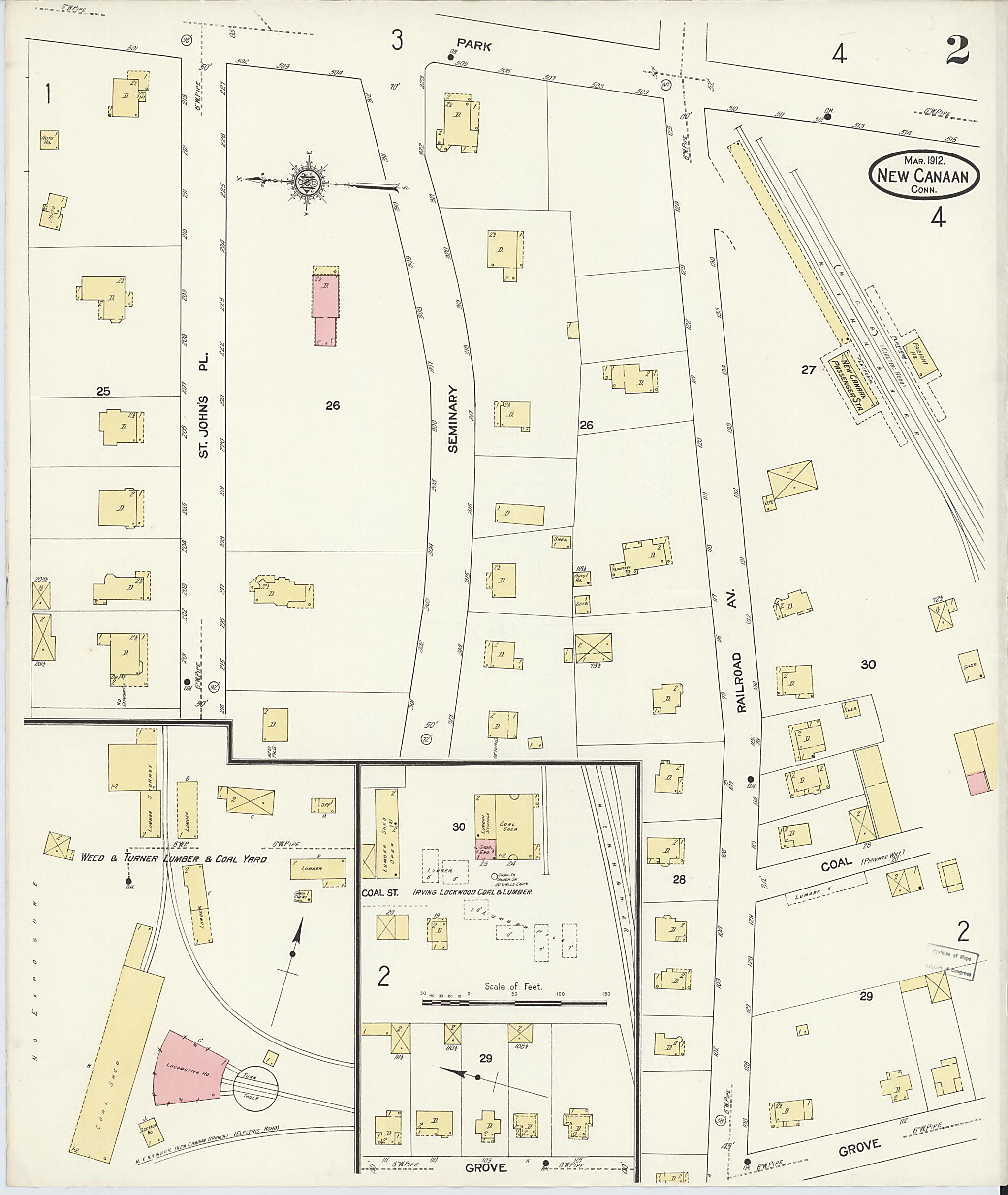 This old map of New Canaan, Fairfield County, Connecticut was created by Sanborn Map Company in 1912