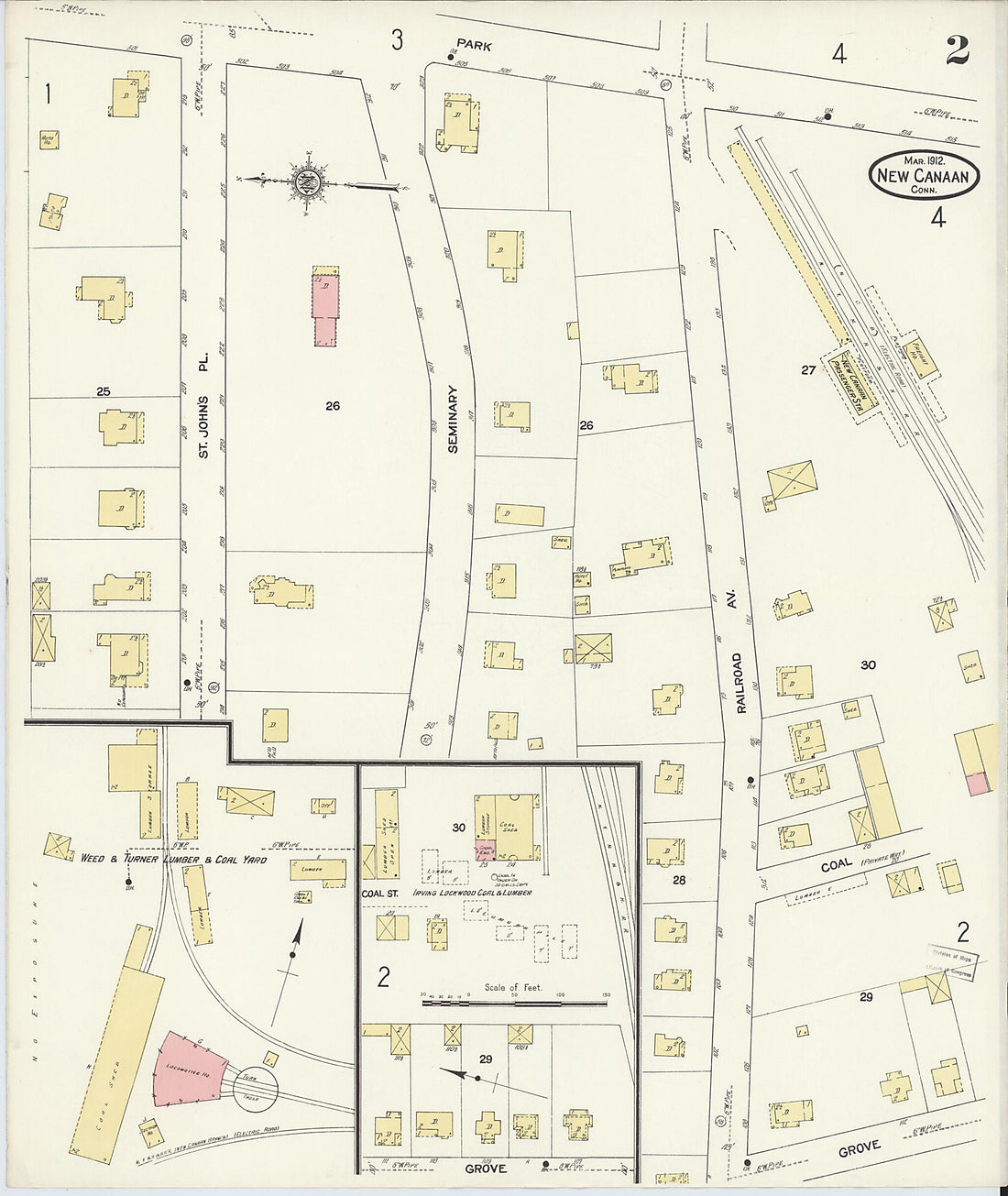 This old map of New Canaan, Fairfield County, Connecticut was created by Sanborn Map Company in 1912