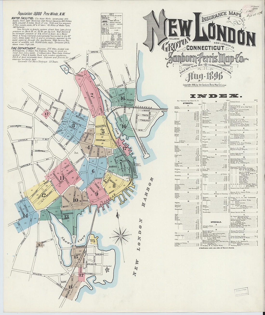 This old map of New London, New London County, Connecticut was created by Sanborn Map Company in 1896
