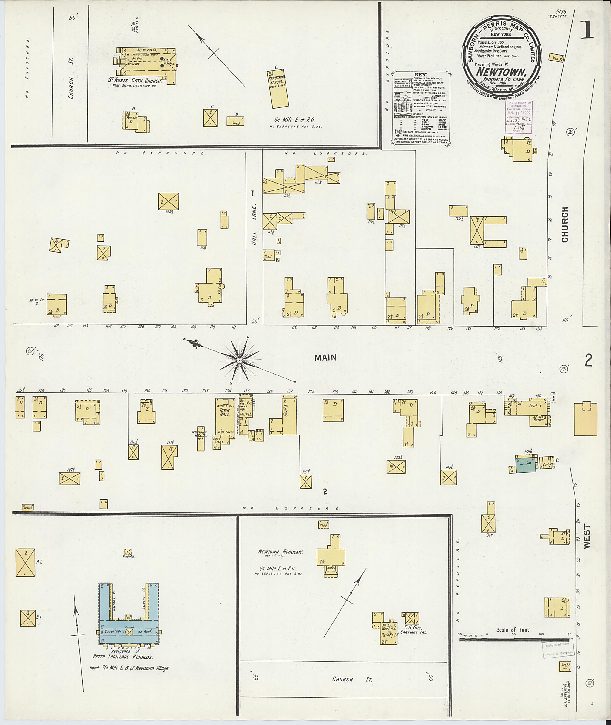 This old map of Newtown, Fairfield County, Connecticut was created by Sanborn Map Company in 1901