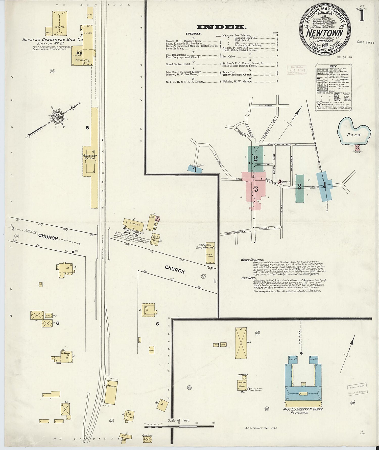 This old map of Newtown, Fairfield County, Connecticut was created by Sanborn Map Company in 1912
