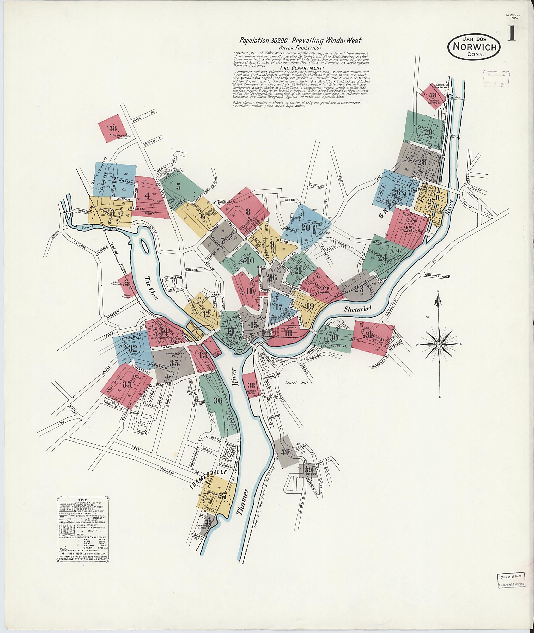 This old map of Norwich, New London County, Connecticut was created by Sanborn Map Company in 1909