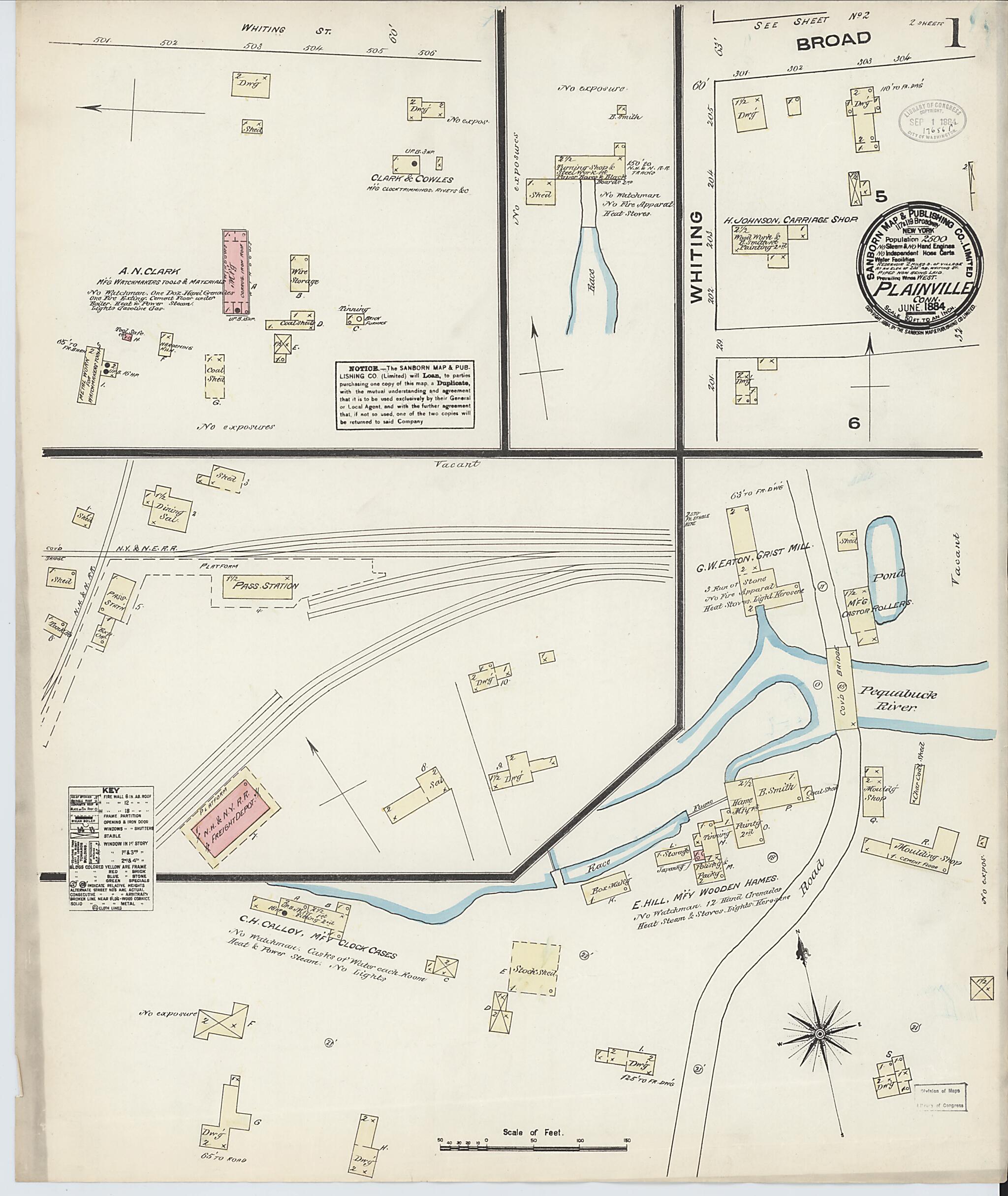 This old map of Plainville, Hartford County, Connecticut was created by Sanborn Map Company in 1884