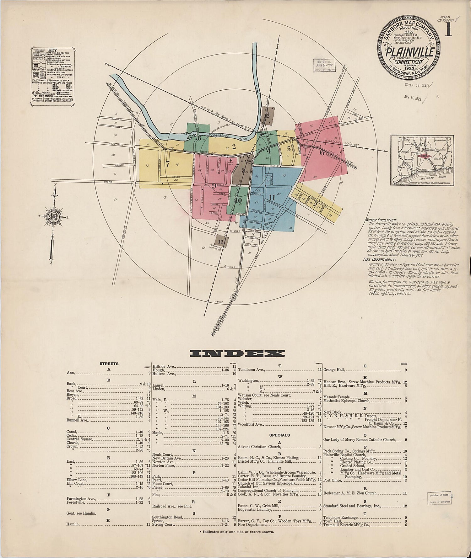 This old map of Plainville, Hartford County, Connecticut was created by Sanborn Map Company in 1922