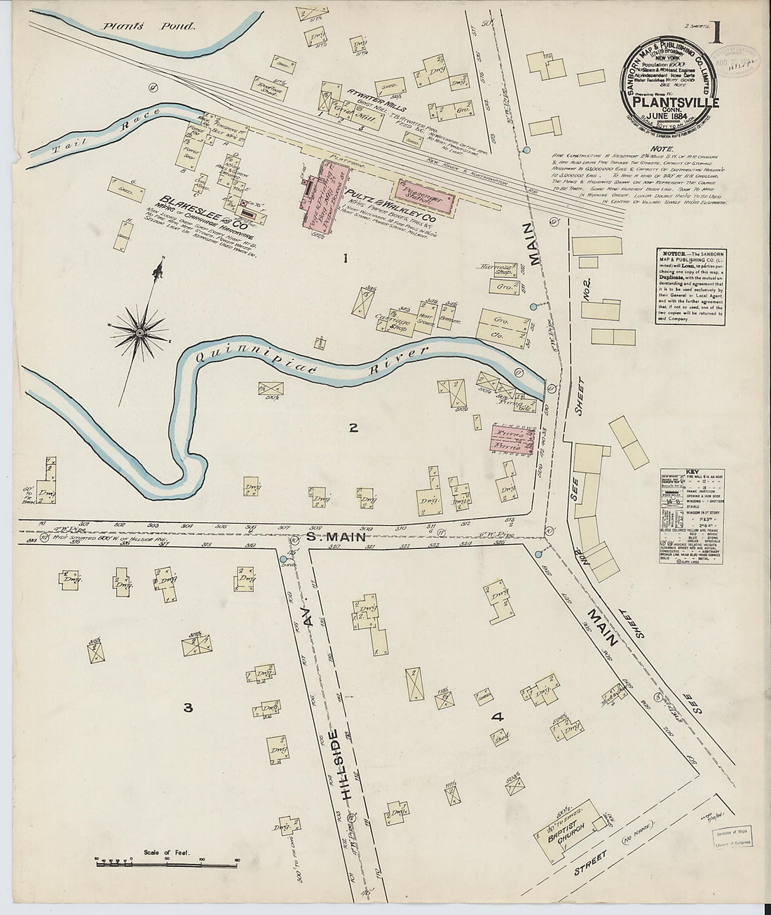 This old map of Plantsville, Hartford County, Connecticut was created by Sanborn Map Company in 1884