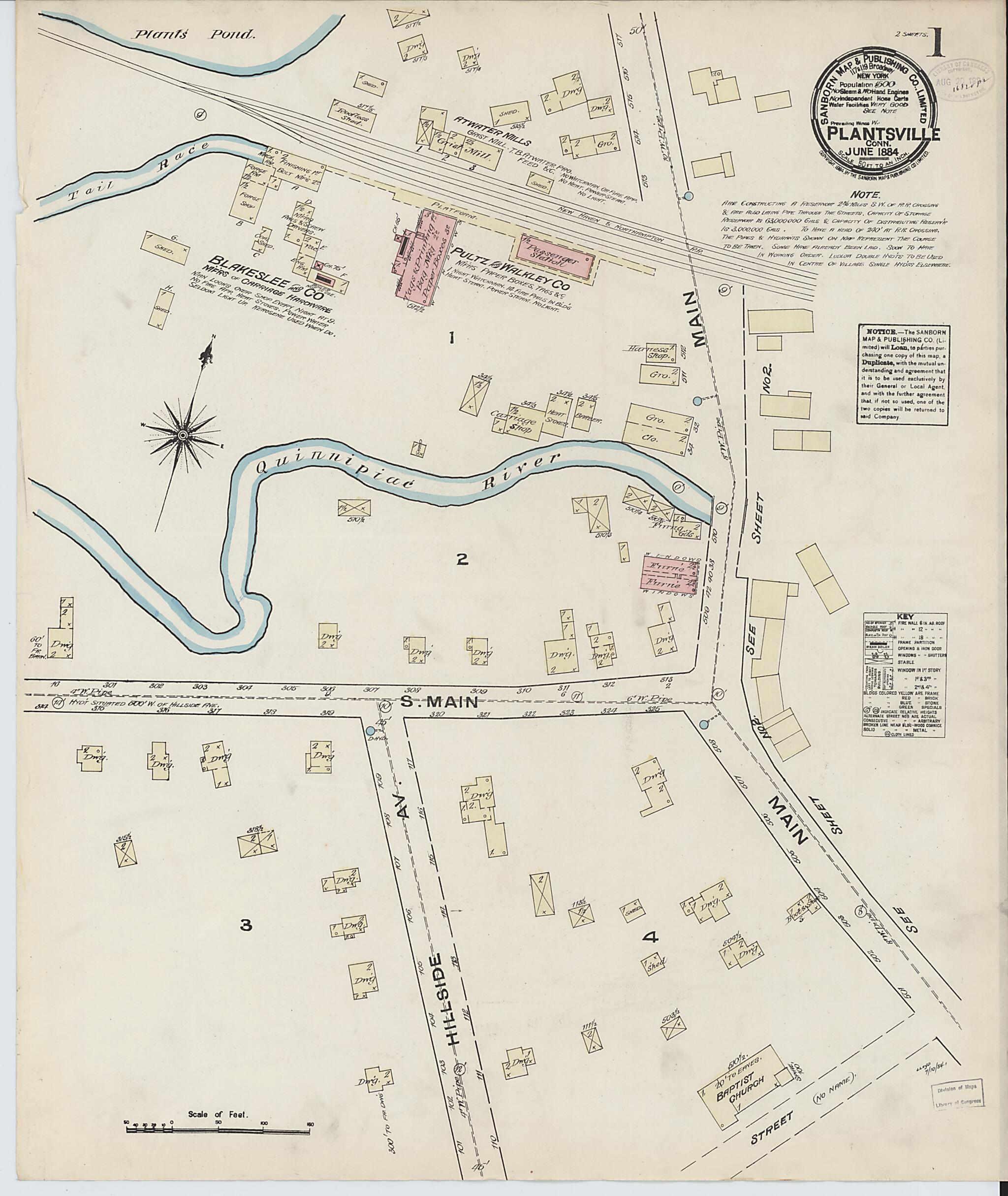 This old map of Plantsville, Hartford County, Connecticut was created by Sanborn Map Company in 1884