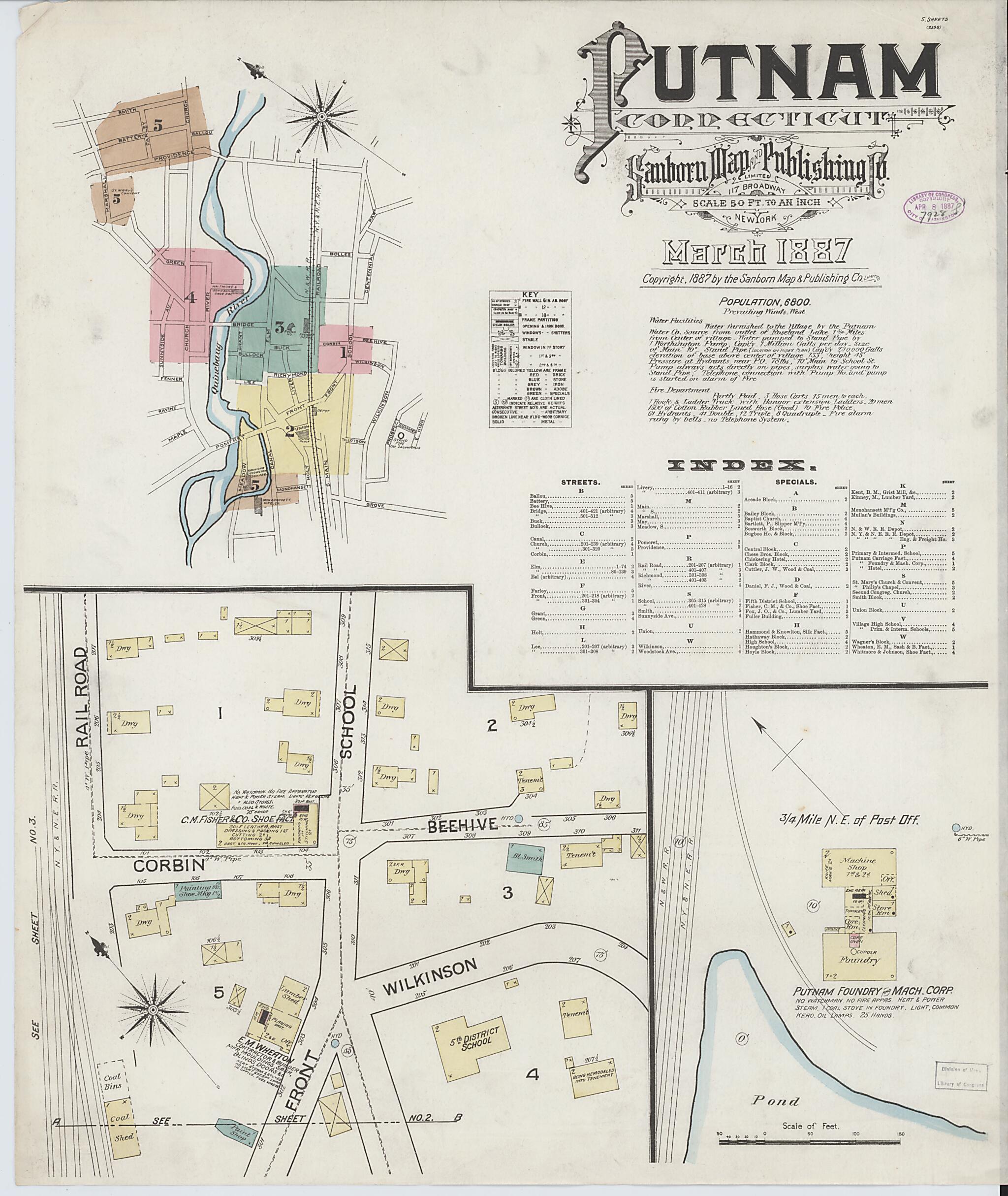 This old map of Putnam, Windham County, Connecticut was created by Sanborn Map Company in 1887