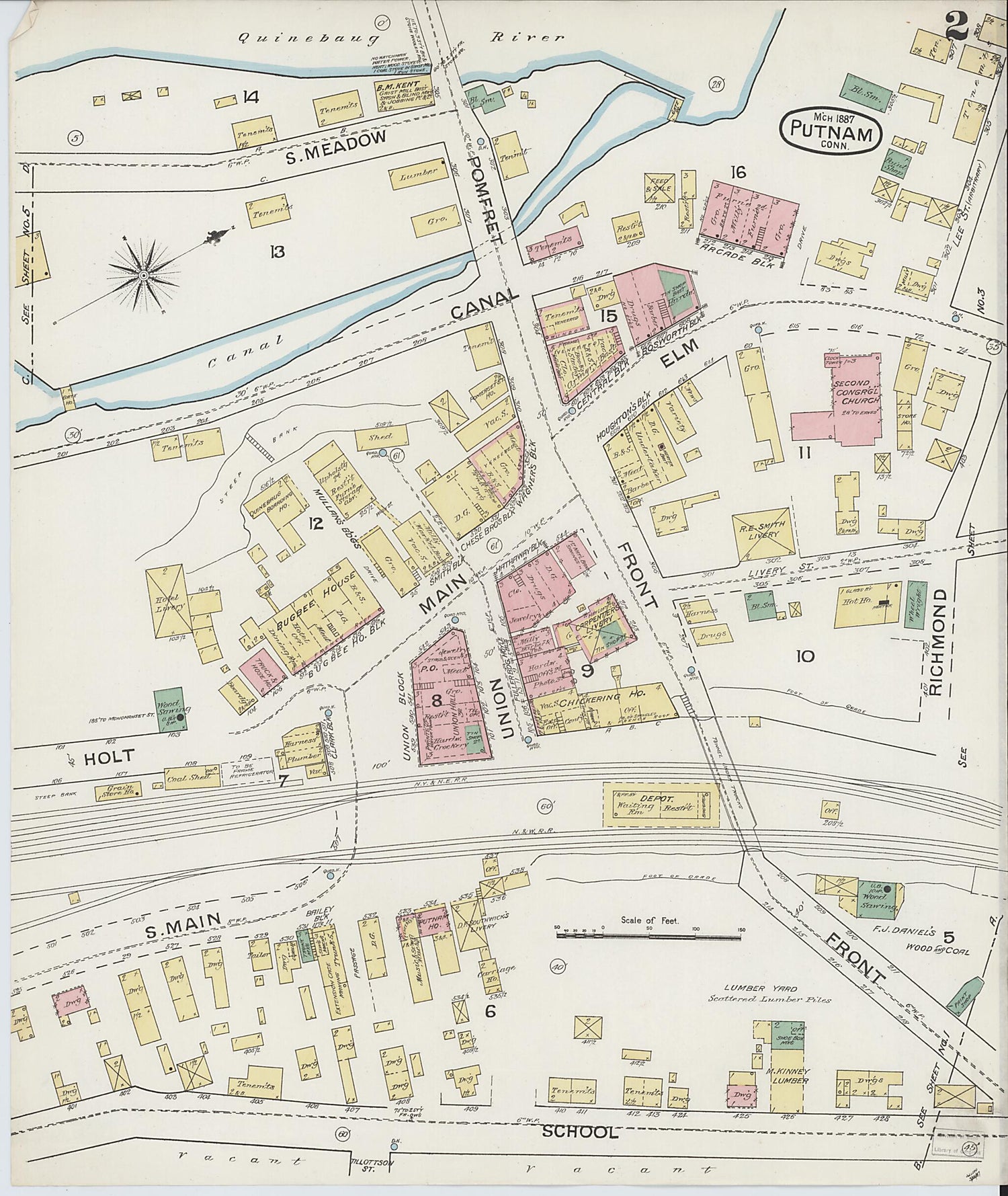 This old map of Putnam, Windham County, Connecticut was created by Sanborn Map Company in 1887