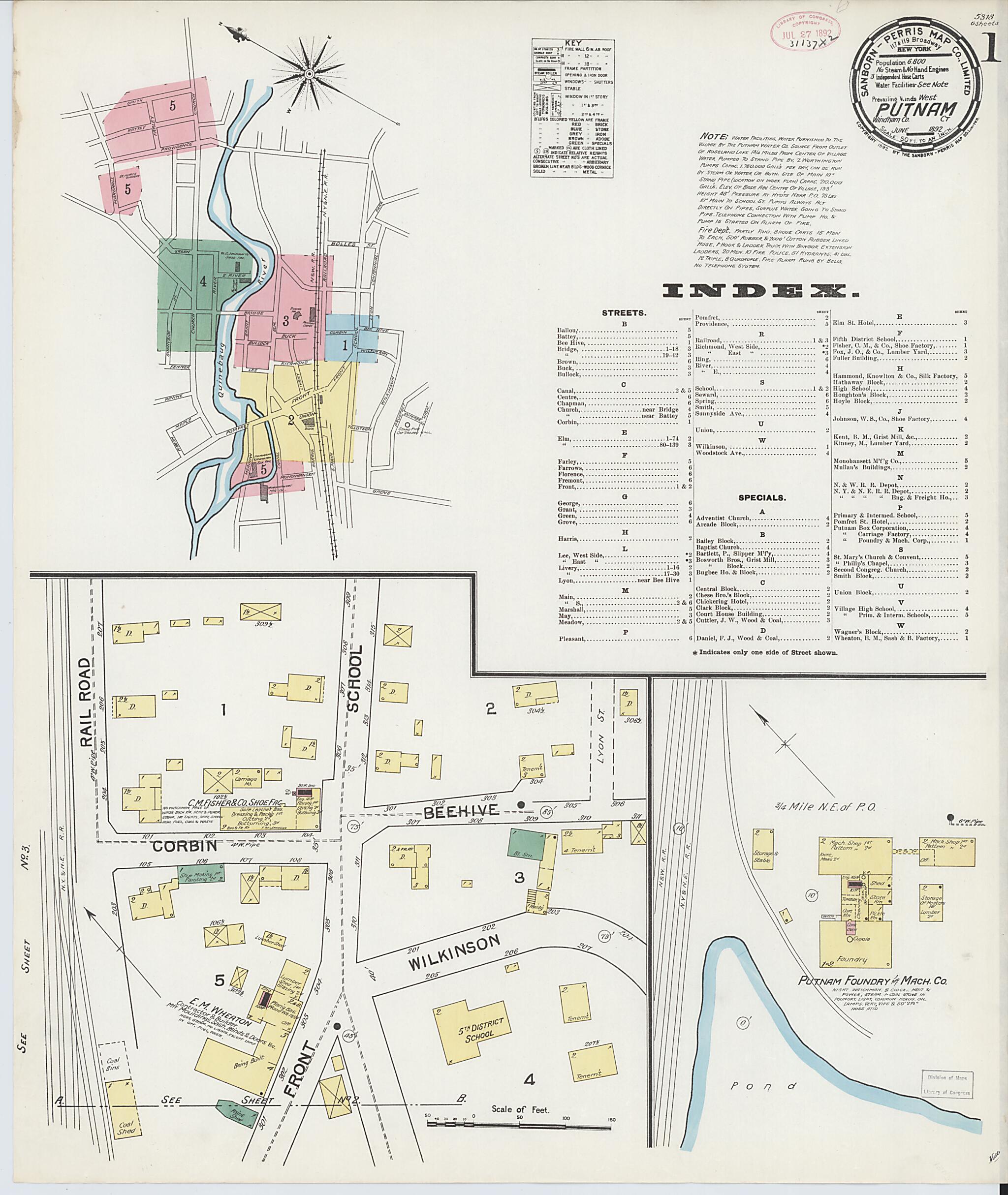 This old map of Putnam, Windham County, Connecticut was created by Sanborn Map Company in 1892