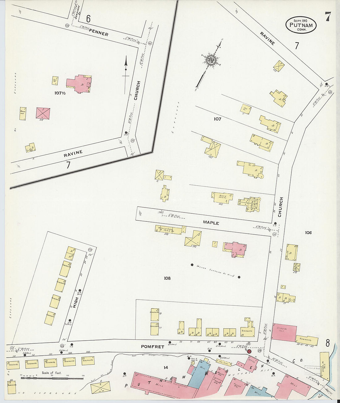 This old map of Putnam, Windham County, Connecticut was created by Sanborn Map Company in 1910
