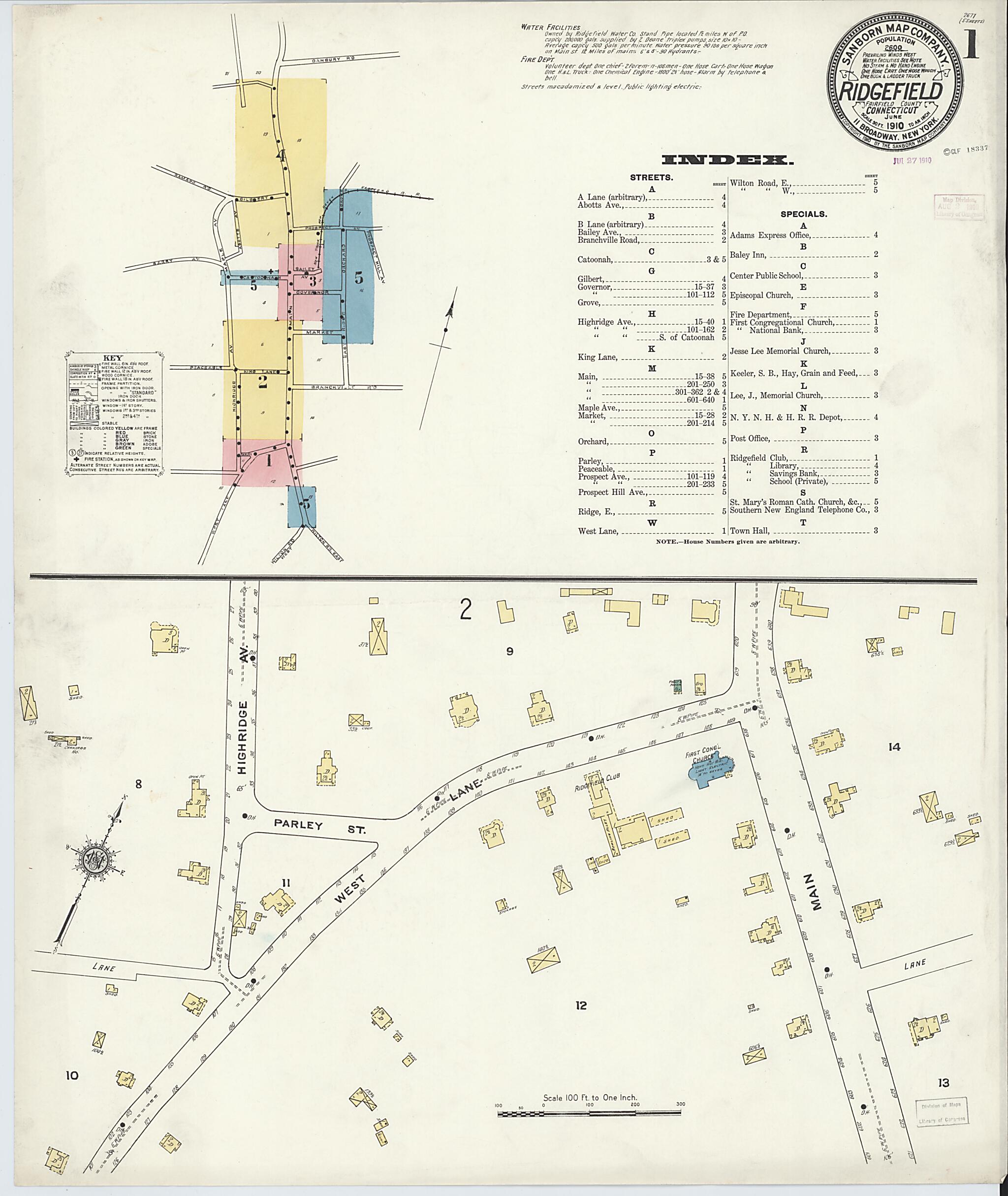 This old map of Ridgefield, Fairfield County, Connecticut was created by Sanborn Map Company in 1910