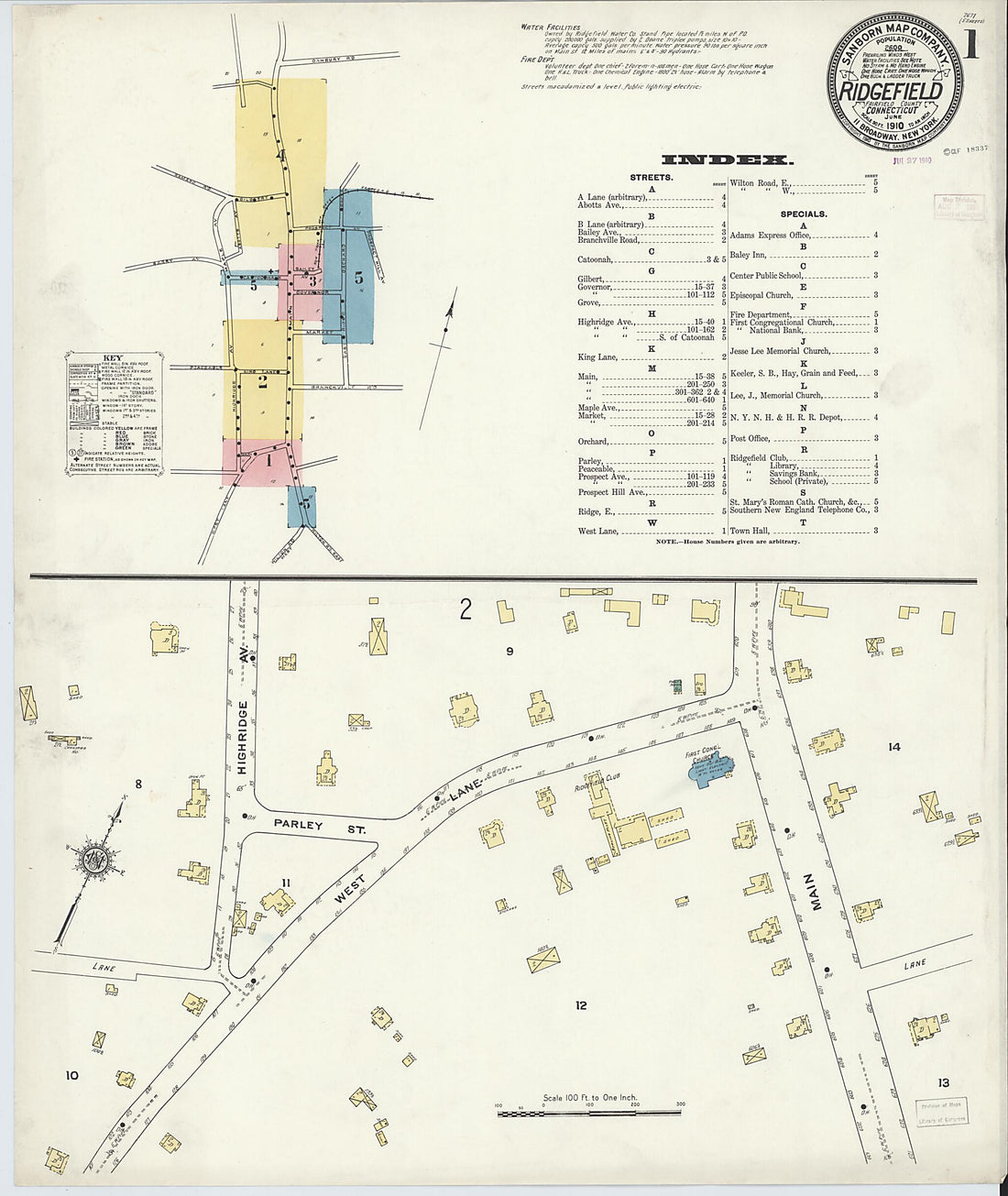 This old map of Ridgefield, Fairfield County, Connecticut was created by Sanborn Map Company in 1910