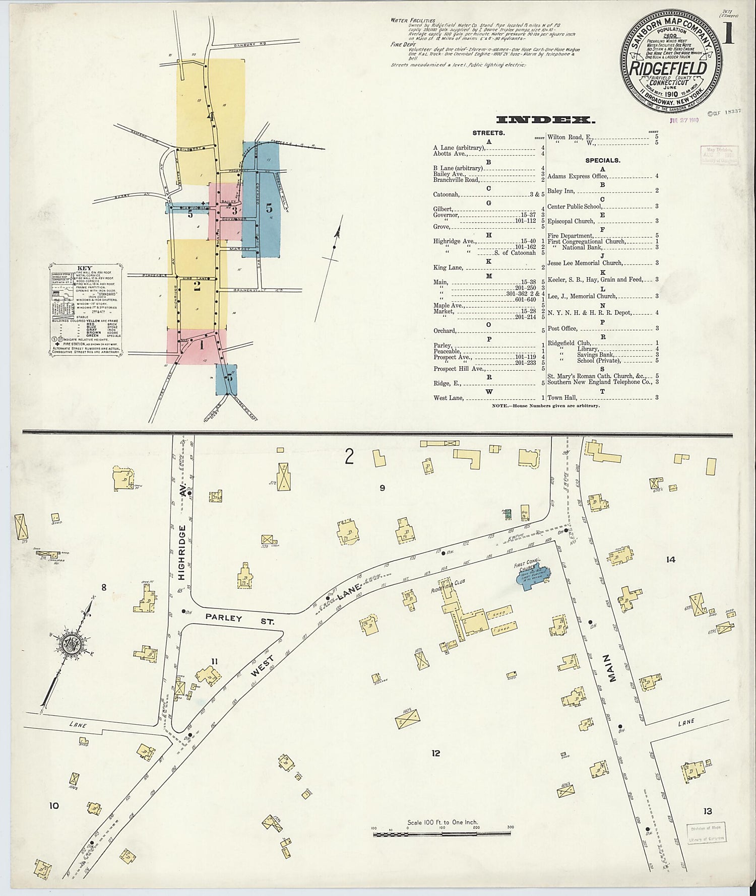This old map of Ridgefield, Fairfield County, Connecticut was created by Sanborn Map Company in 1910