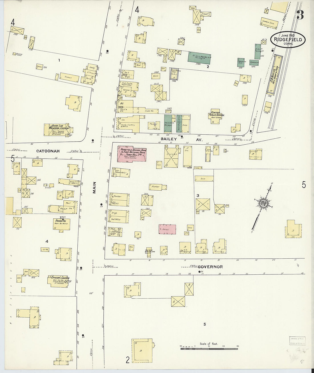 This old map of Ridgefield, Fairfield County, Connecticut was created by Sanborn Map Company in 1910