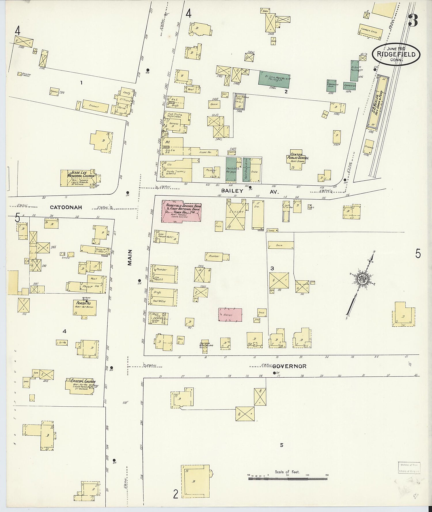 This old map of Ridgefield, Fairfield County, Connecticut was created by Sanborn Map Company in 1910