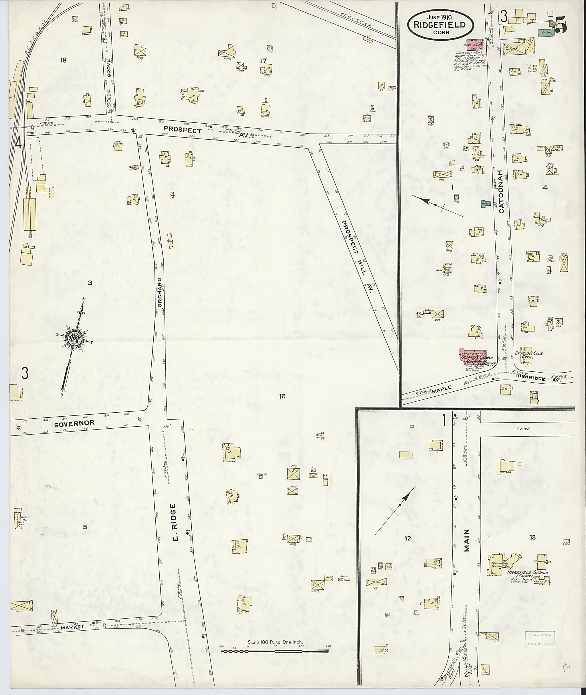 This old map of Ridgefield, Fairfield County, Connecticut was created by Sanborn Map Company in 1910