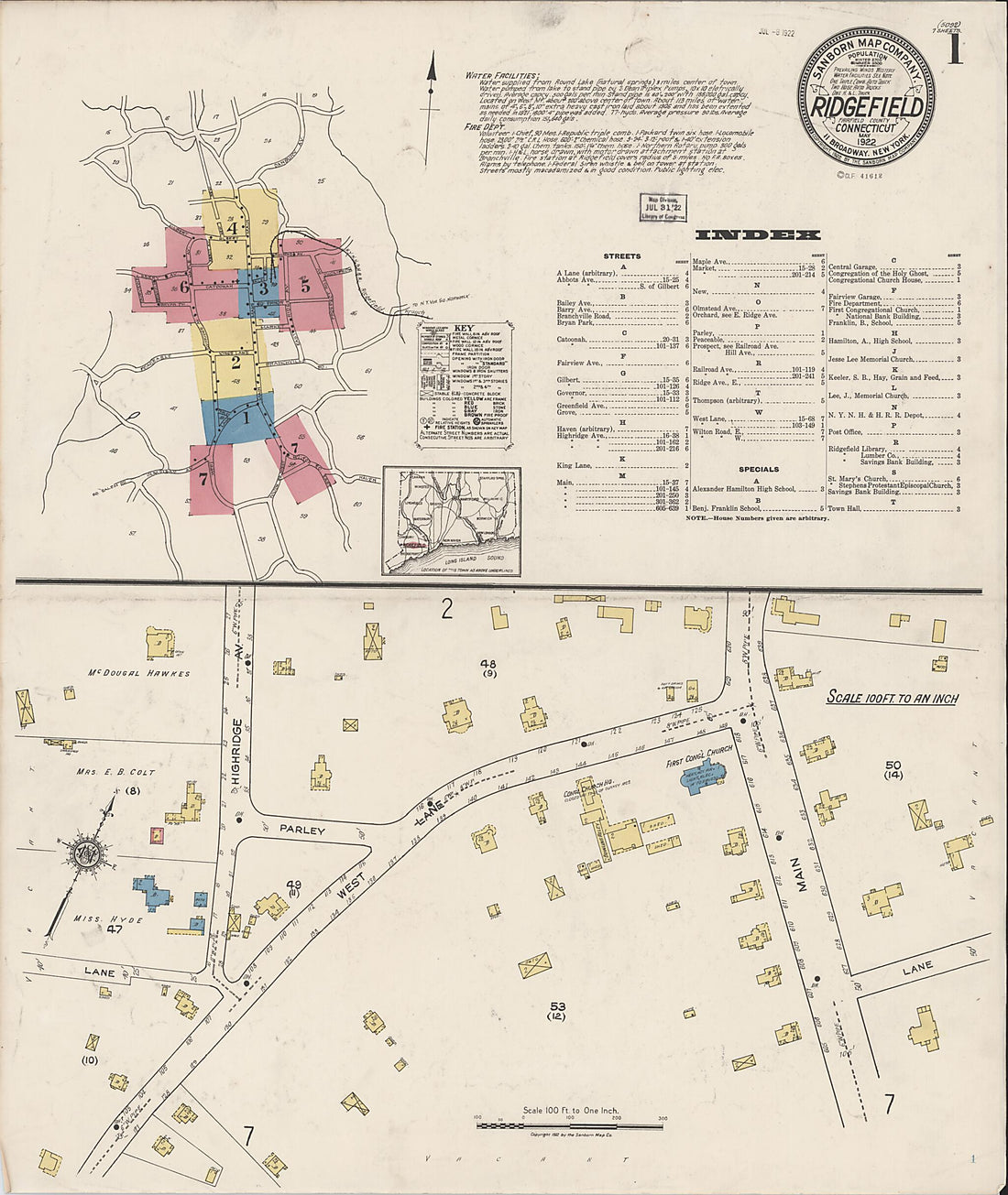 This old map of Ridgefield, Fairfield County, Connecticut was created by Sanborn Map Company in 1922