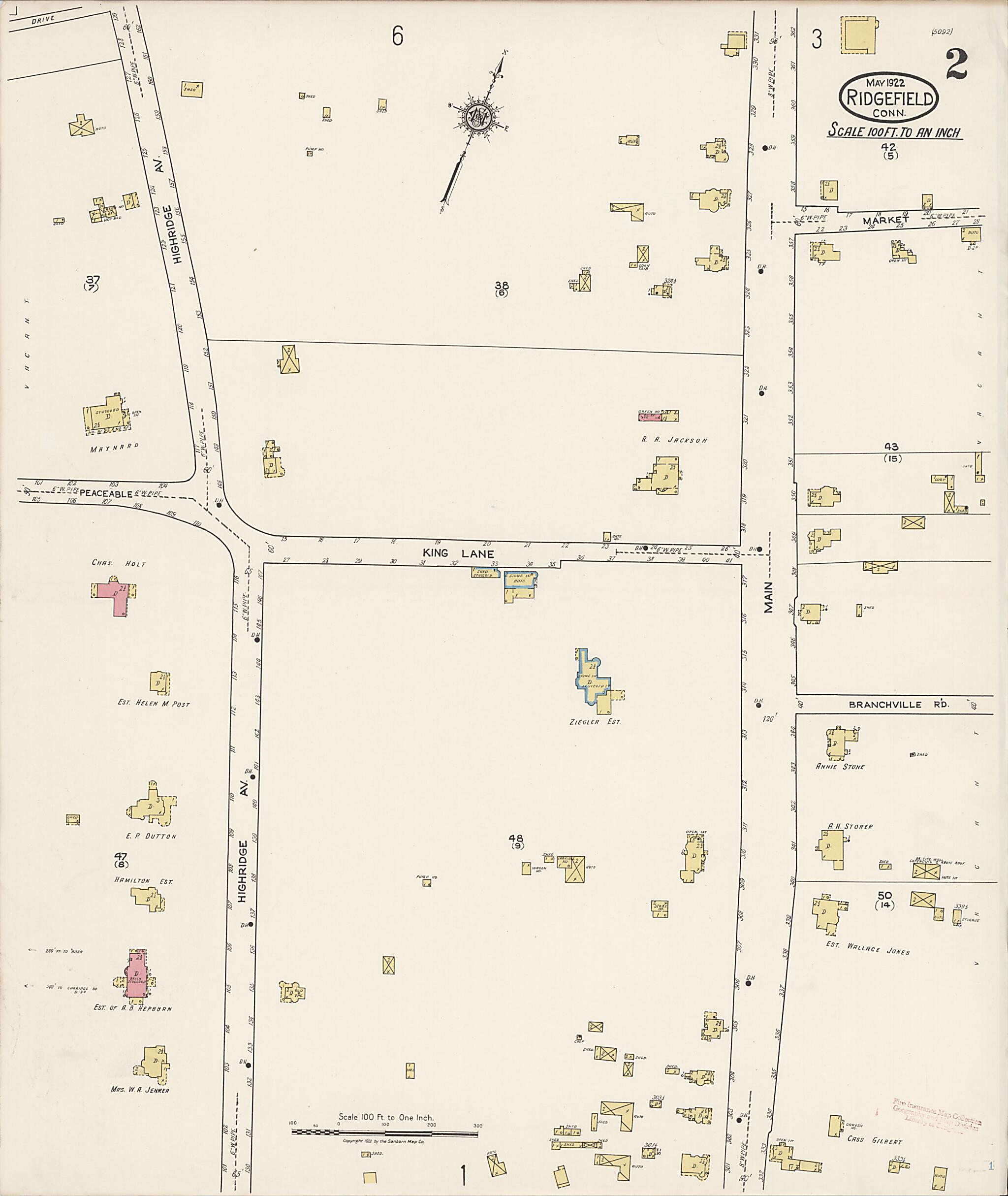 This old map of Ridgefield, Fairfield County, Connecticut was created by Sanborn Map Company in 1922