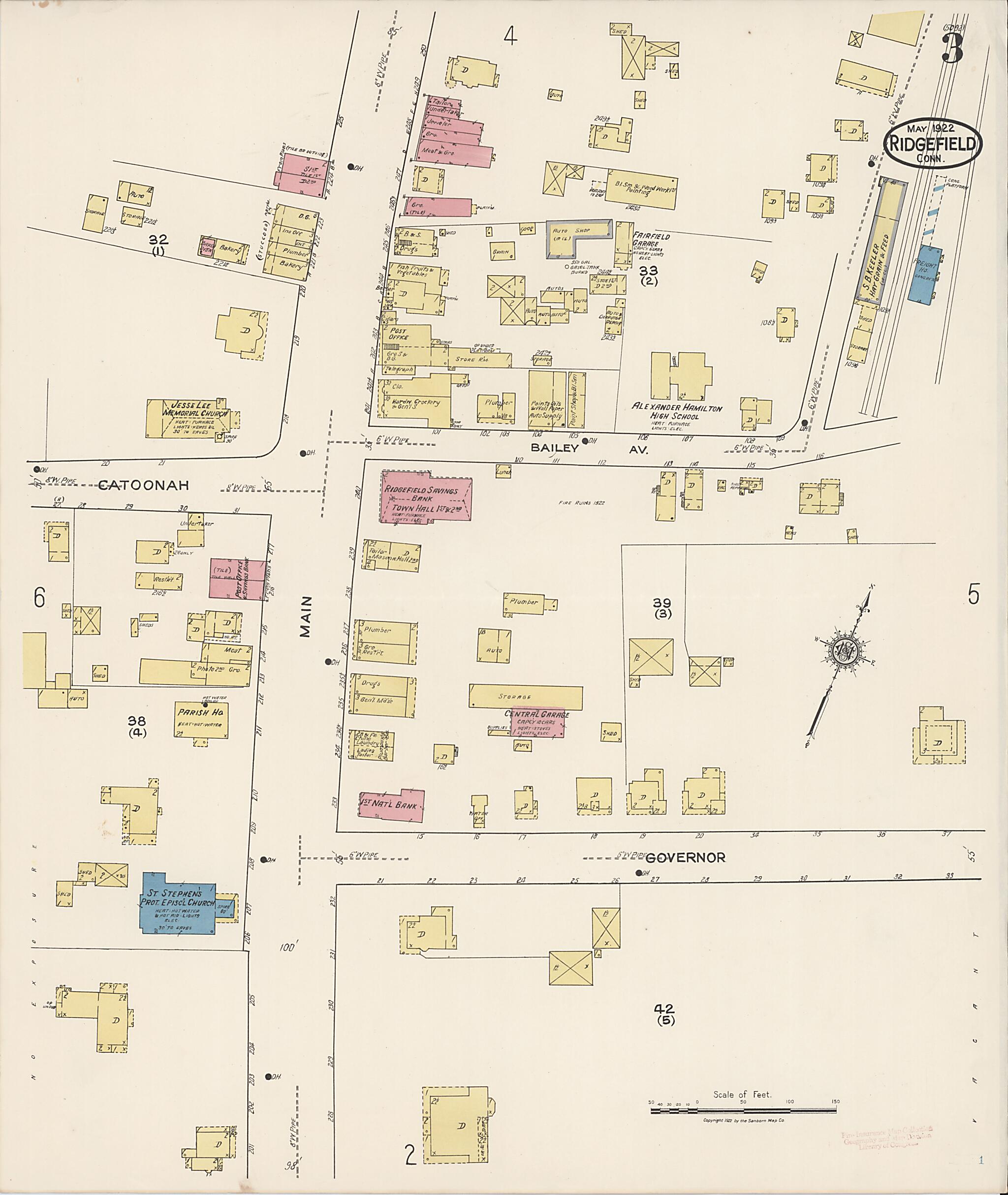 This old map of Ridgefield, Fairfield County, Connecticut was created by Sanborn Map Company in 1922