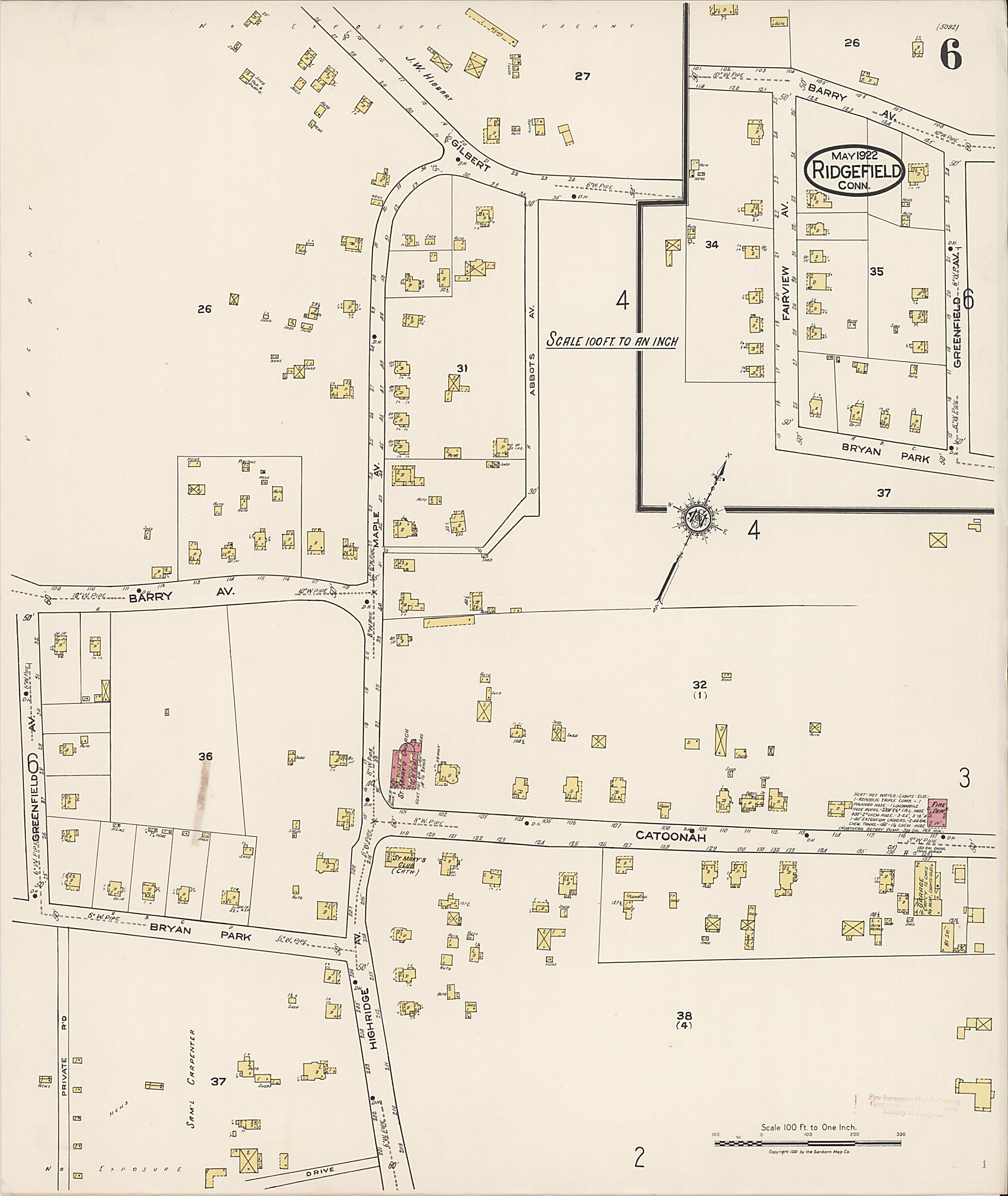 This old map of Ridgefield, Fairfield County, Connecticut was created by Sanborn Map Company in 1922