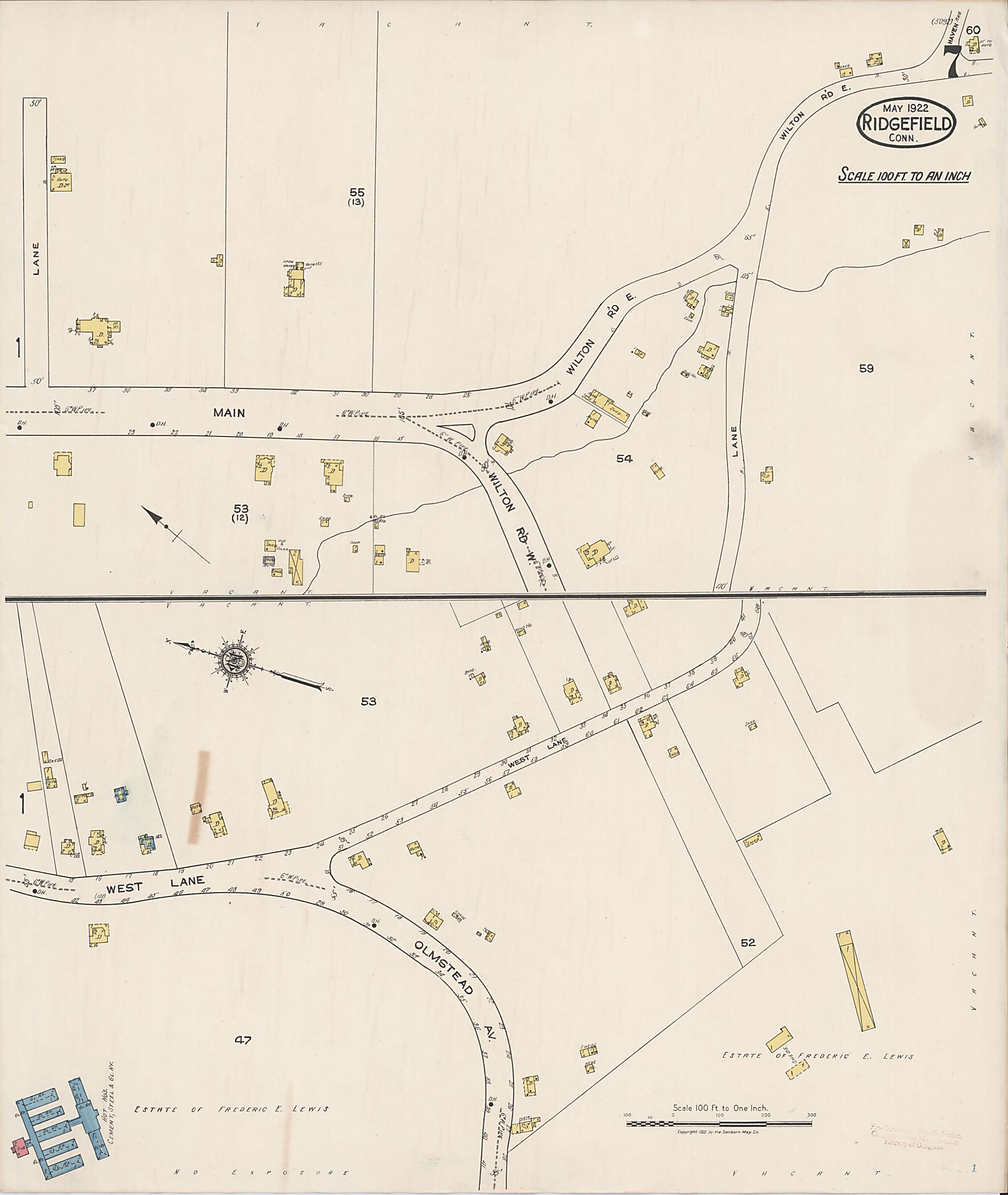 This old map of Ridgefield, Fairfield County, Connecticut was created by Sanborn Map Company in 1922