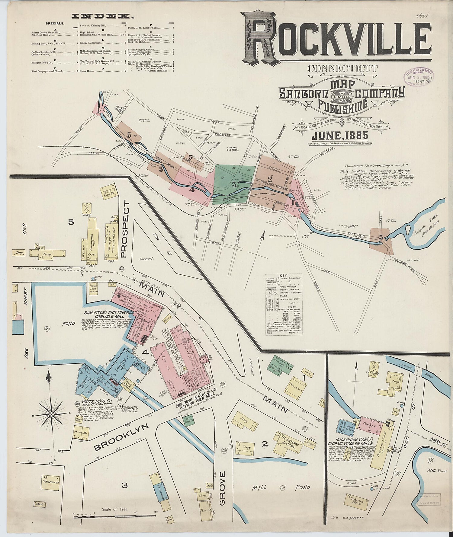 This old map of Rockville, Tolland County, Connecticut was created by Sanborn Map Company in 1885