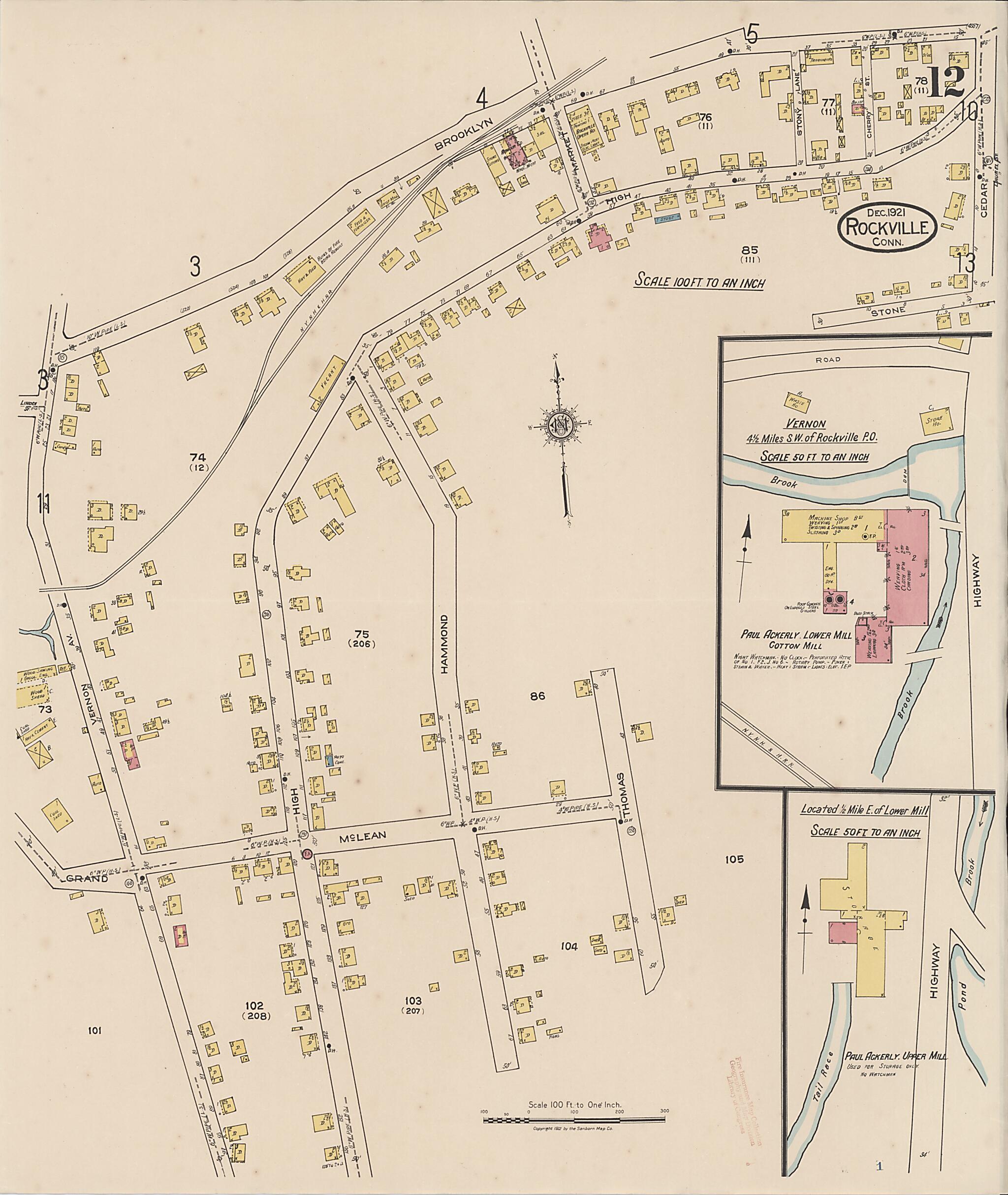 This old map of Rockville, Tolland County, Connecticut was created by Sanborn Map Company in 1921