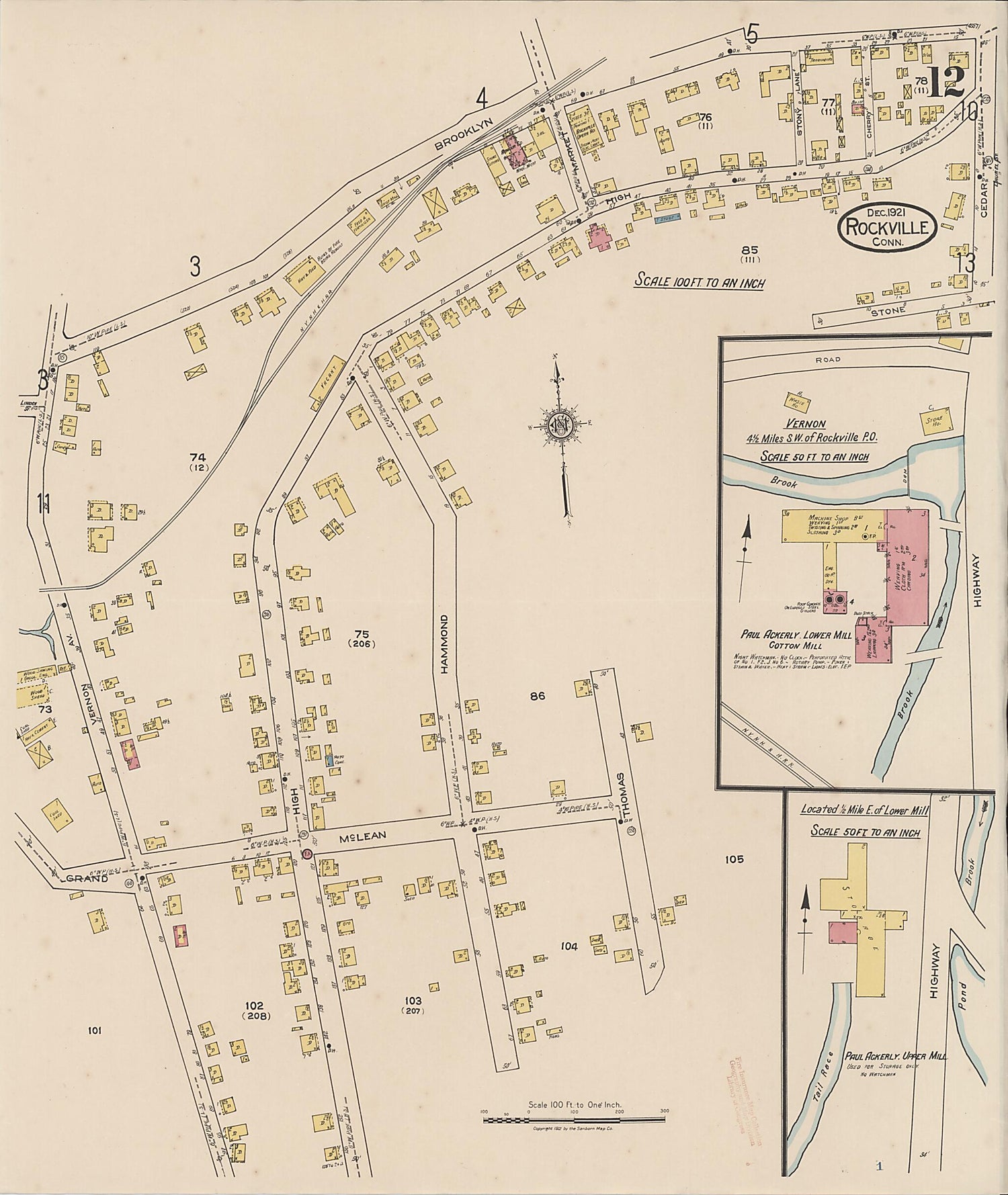 This old map of Rockville, Tolland County, Connecticut was created by Sanborn Map Company in 1921