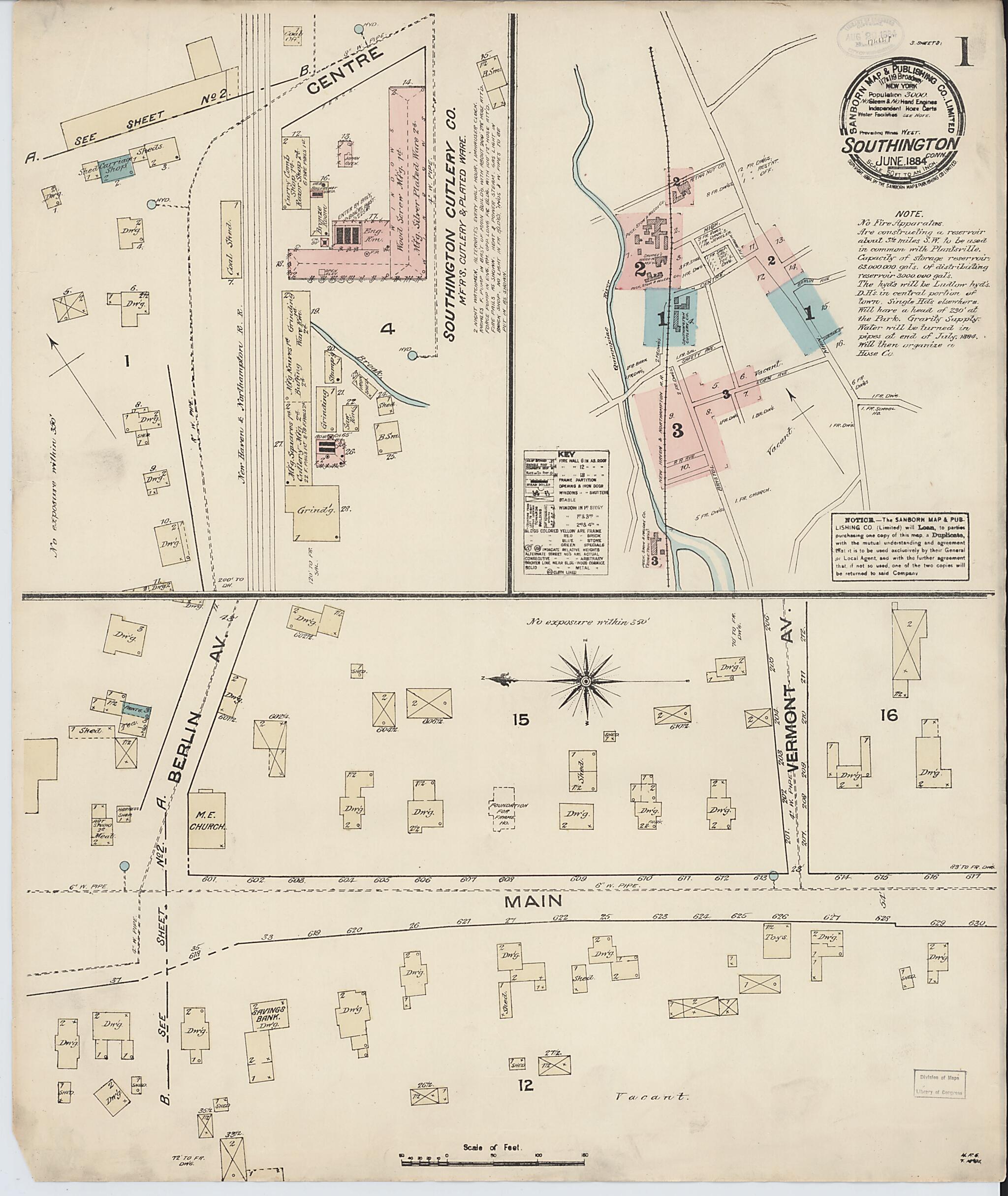 This old map of Southington, Hartford County, Connecticut was created by Sanborn Map Company in 1884
