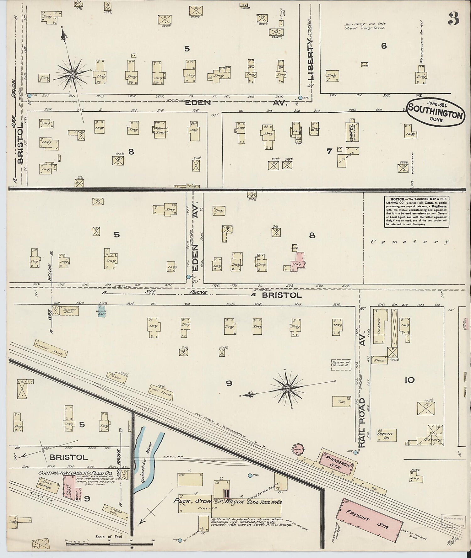 This old map of Southington, Hartford County, Connecticut was created by Sanborn Map Company in 1884
