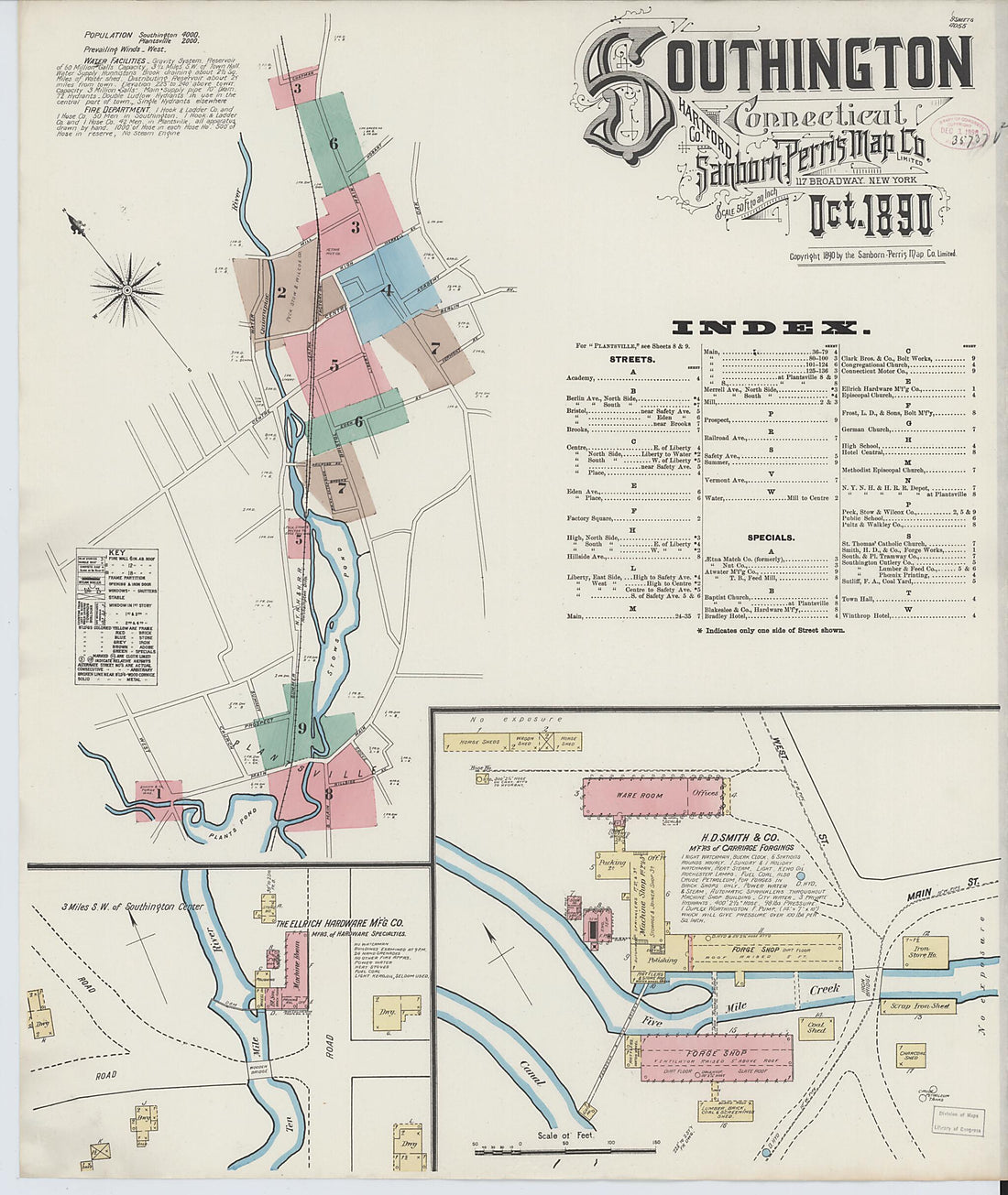 This old map of Southington, Hartford County, Connecticut was created by Sanborn Map Company in 1890