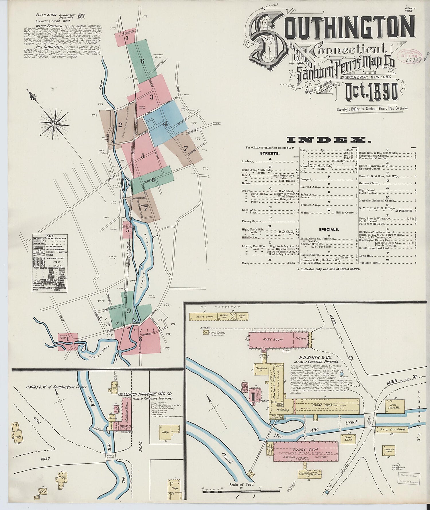This old map of Southington, Hartford County, Connecticut was created by Sanborn Map Company in 1890