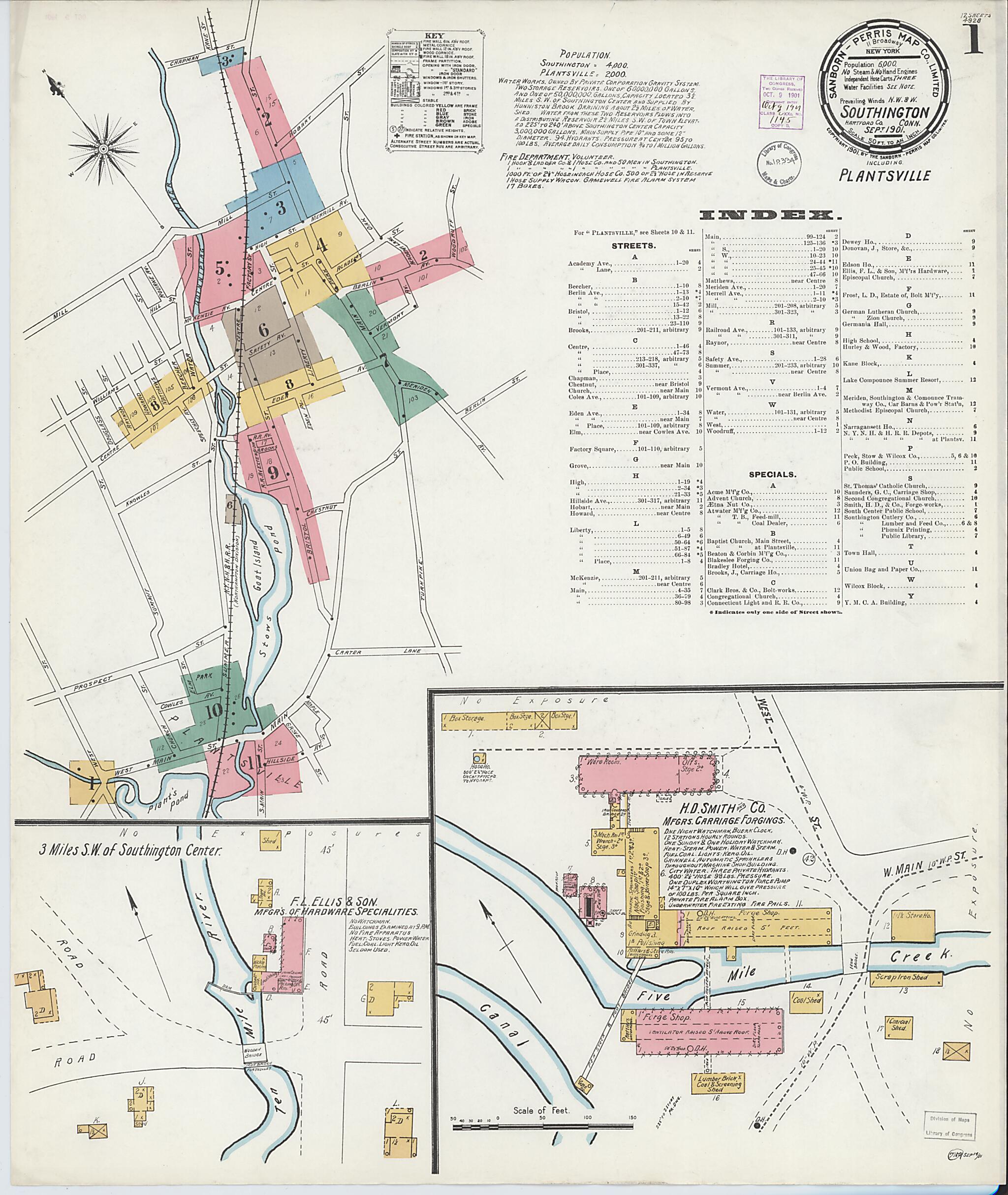 This old map of Southington, Hartford County, Connecticut was created by Sanborn Map Company in 1901