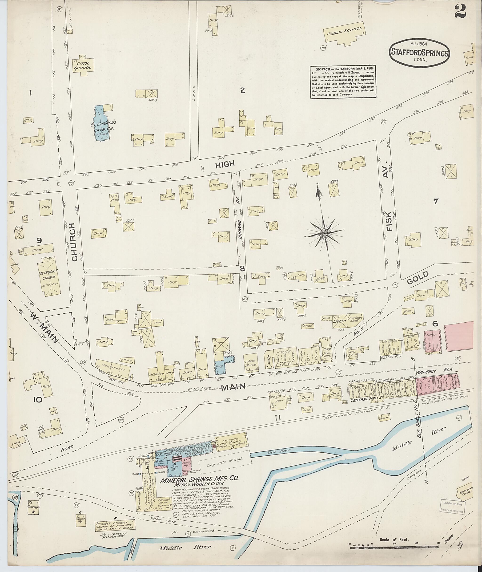 This old map of Stafford Springs, Tolland County, Connecticut was created by Sanborn Map Company in 1884
