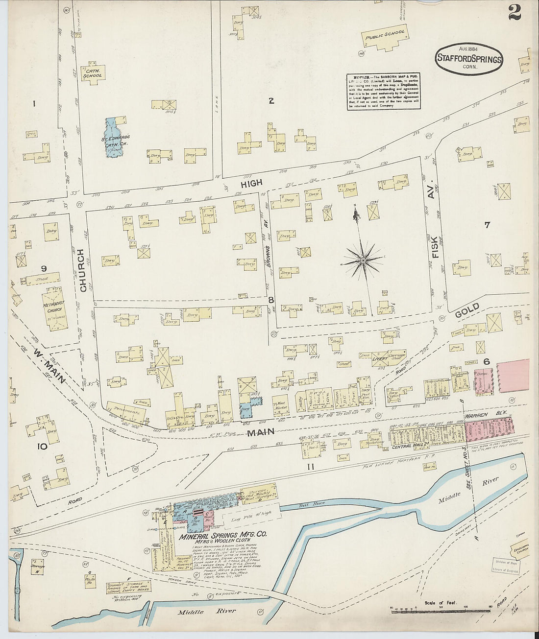 This old map of Stafford Springs, Tolland County, Connecticut was created by Sanborn Map Company in 1884