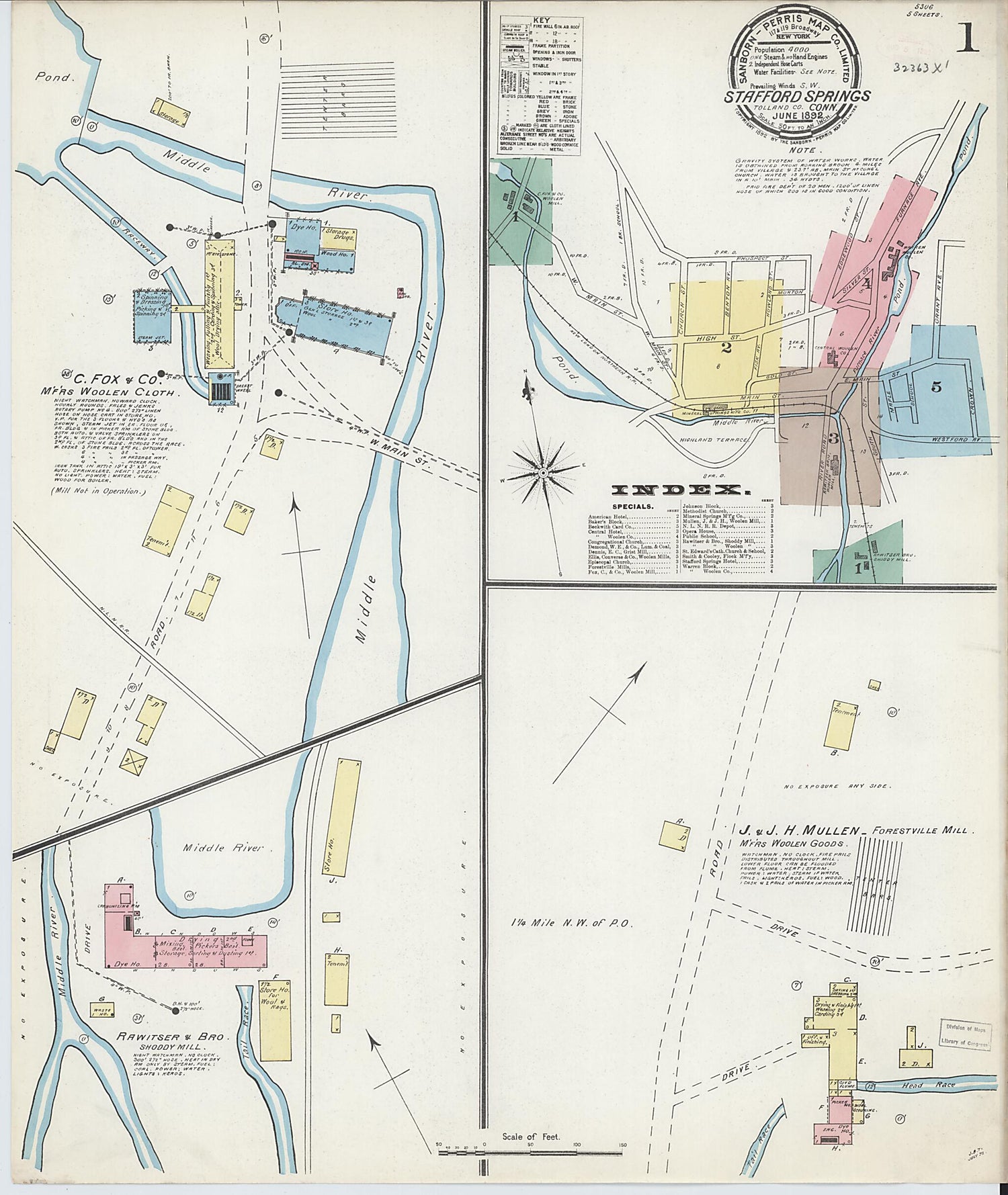 This old map of Stafford Springs, Tolland County, Connecticut was created by Sanborn Map Company in 1892