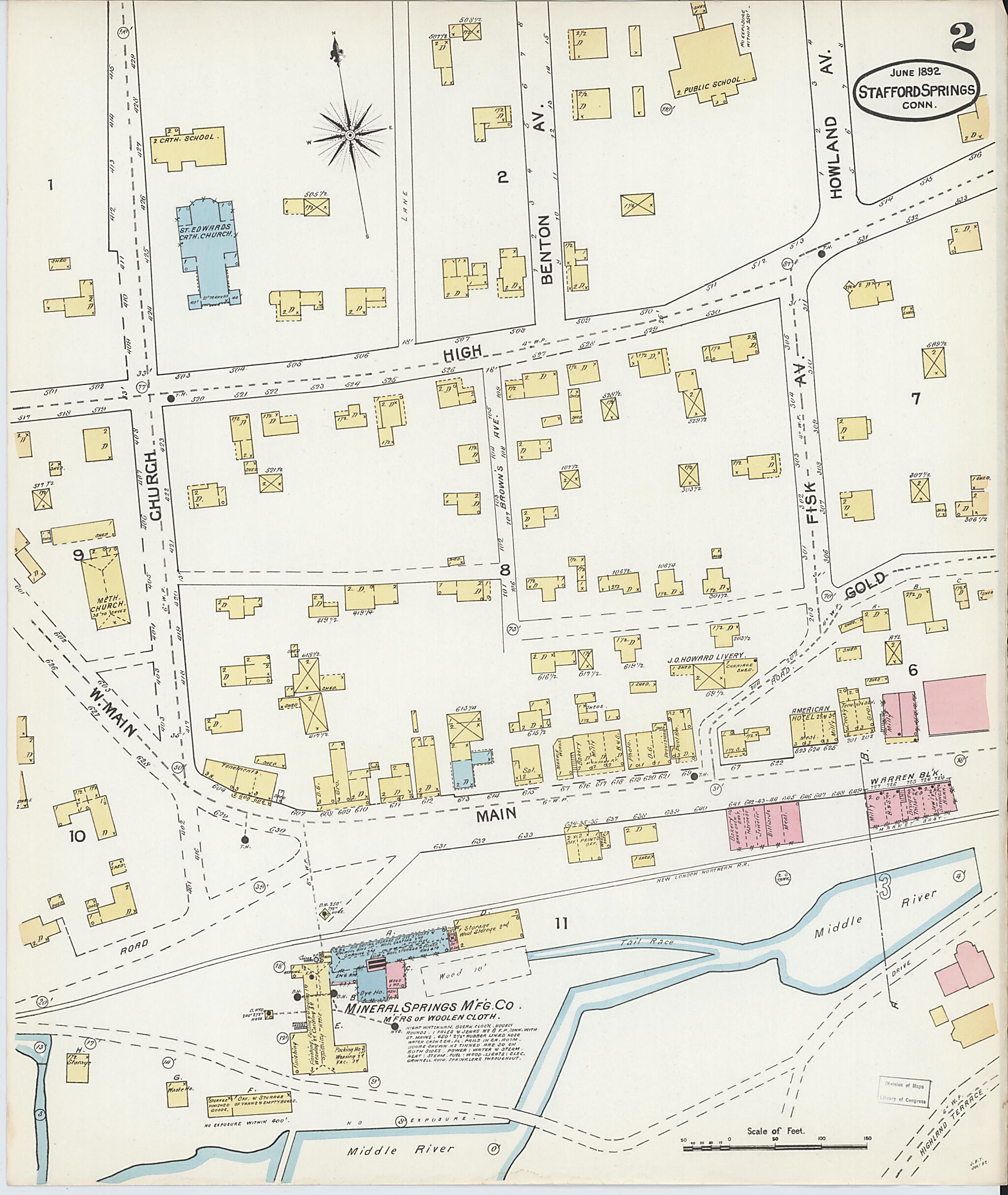 This old map of Stafford Springs, Tolland County, Connecticut was created by Sanborn Map Company in 1892