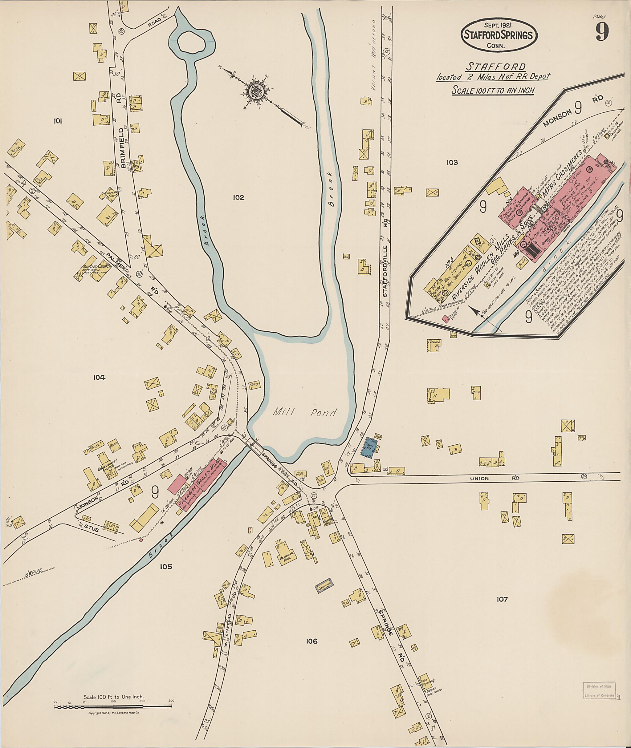 This old map of Stafford Springs, Tolland County, Connecticut was created by Sanborn Map Company in 1921
