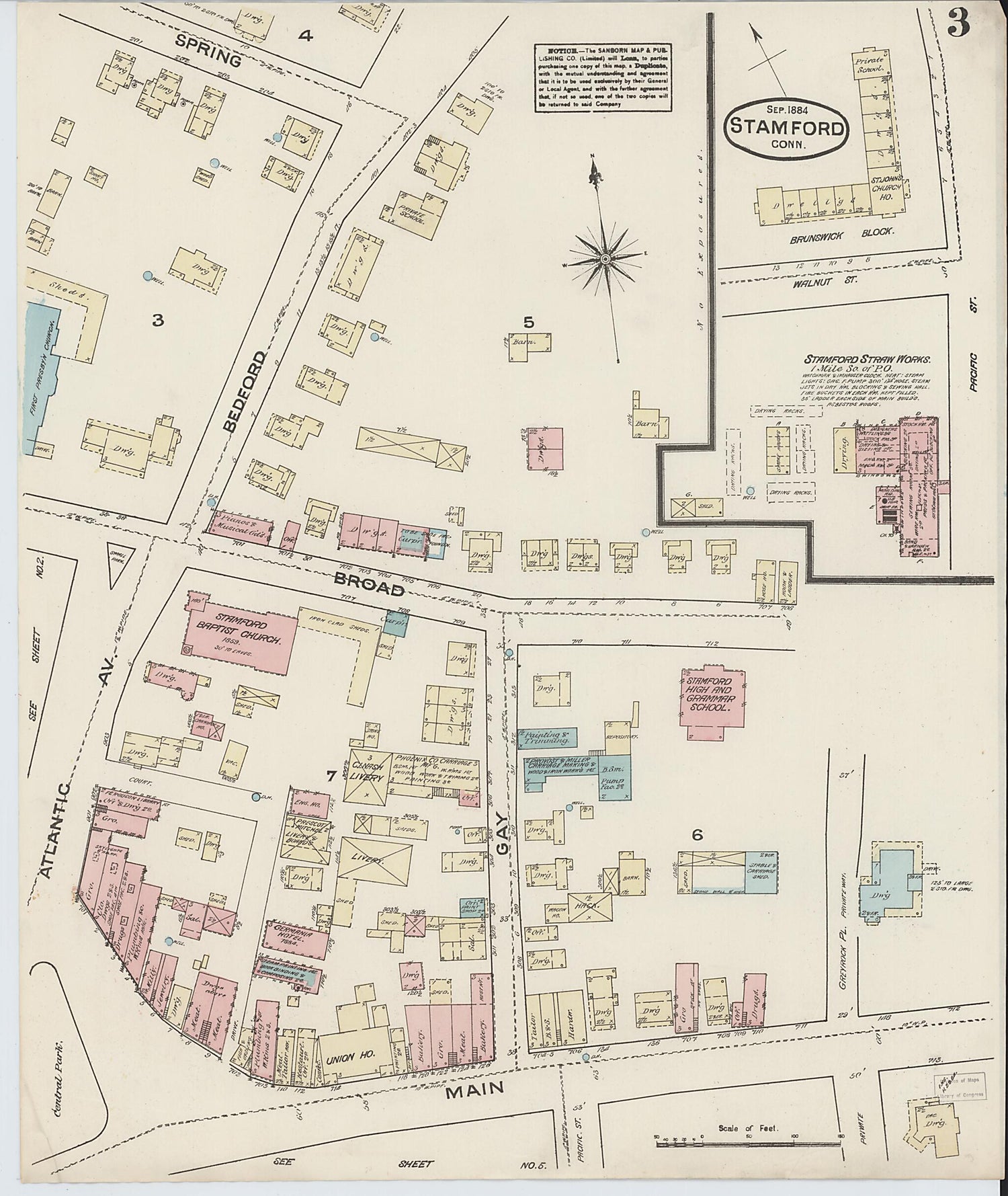 This old map of Stamford, Fairfield County, Connecticut was created by Sanborn Map Company in 1884