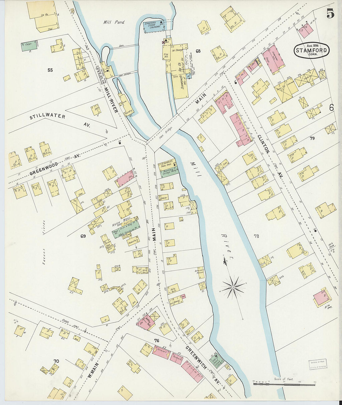 This old map of Stamford, Fairfield County, Connecticut was created by Sanborn Map Company in 1896