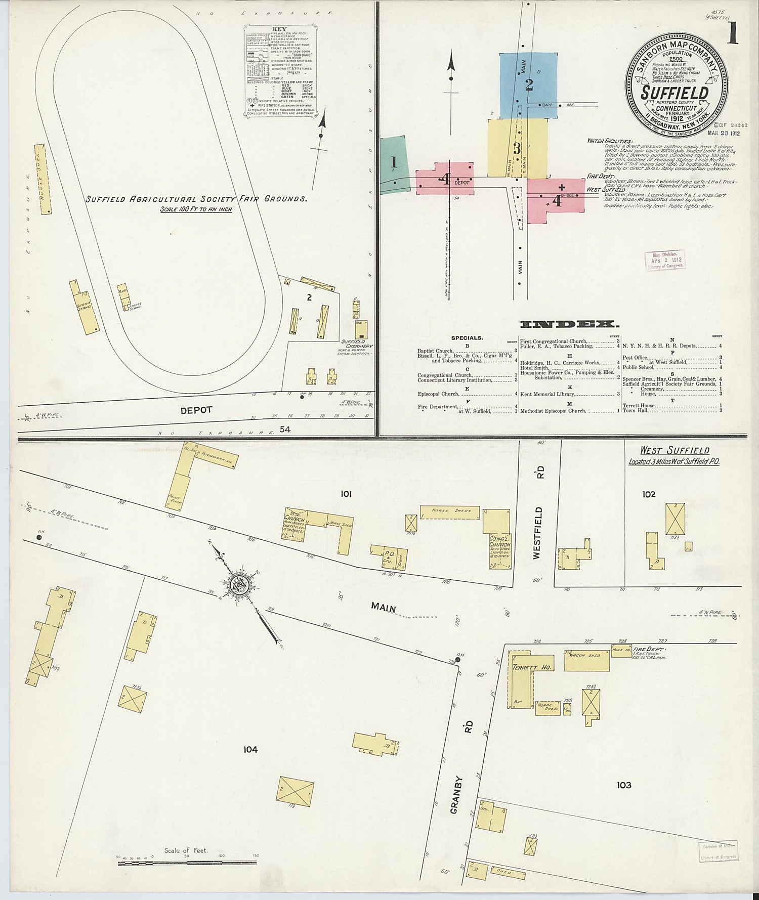 This old map of Suffield, Hartford County, Connecticut was created by Sanborn Map Company in 1912